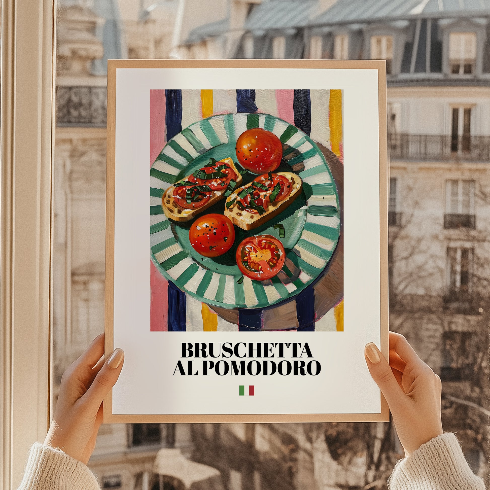 Bruschetta al pomodoro – Italian Snack Dish, Restaurant Illustration, styled in a charming Paris street view