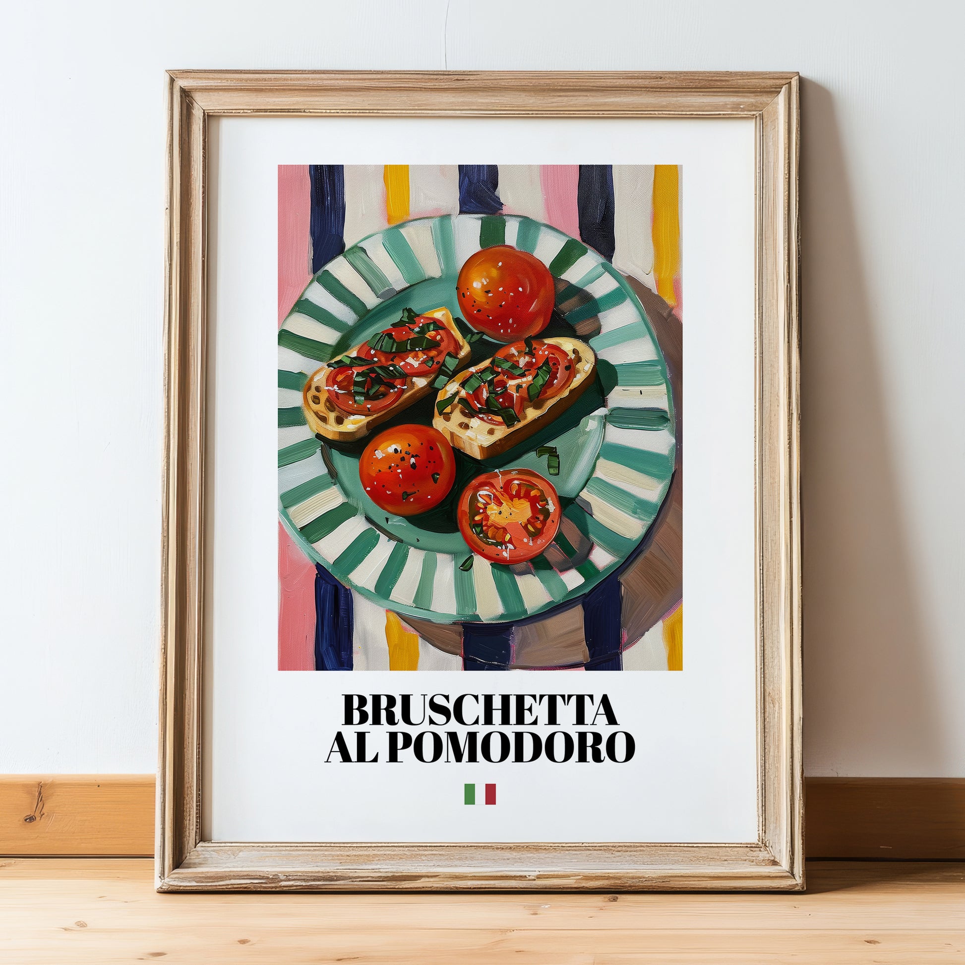 Bruschetta al pomodoro – Italian Snack Dish, Restaurant Illustration, in wooden frame leaning on the floor