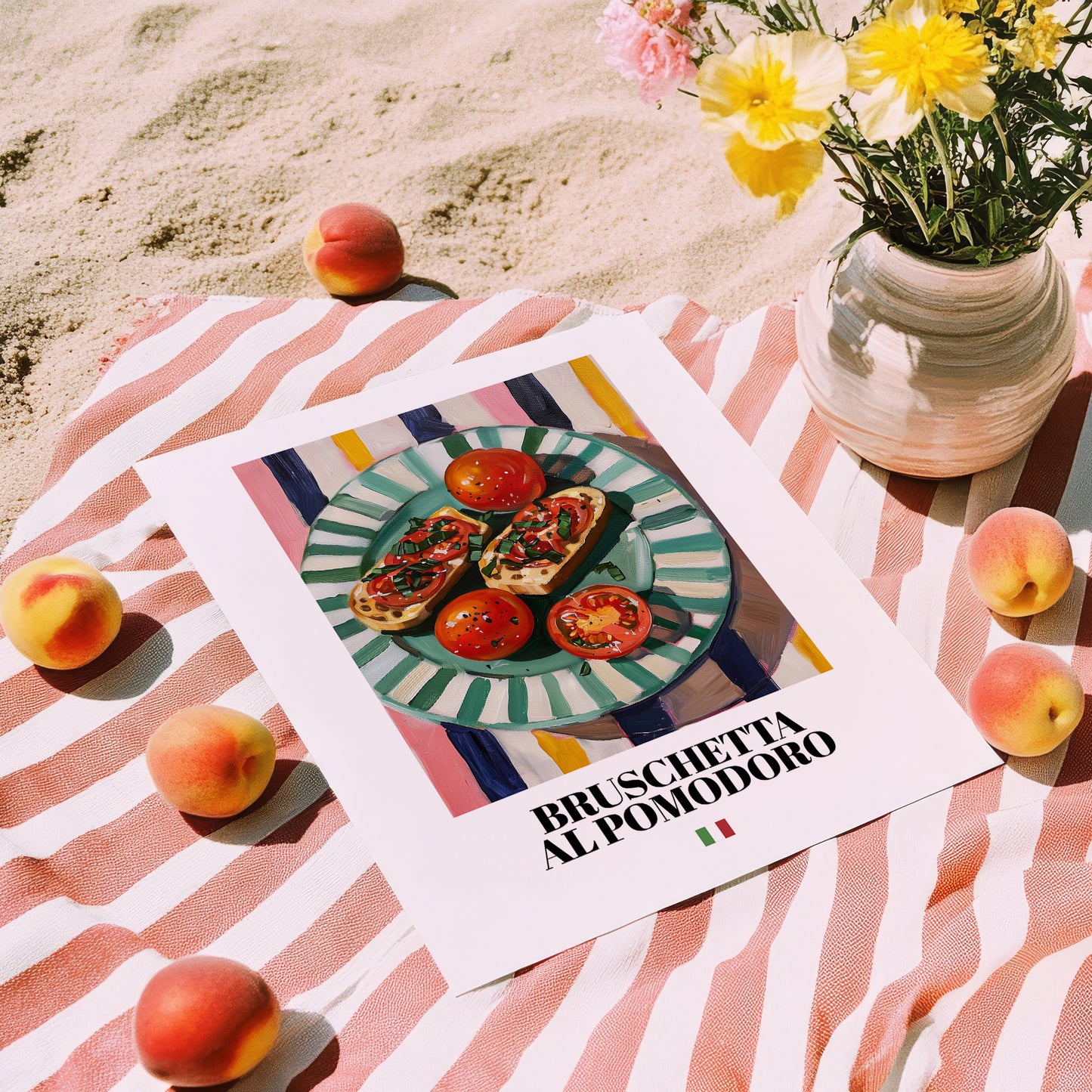 Bruschetta al pomodoro – Italian Snack Dish, Restaurant Illustration, unframed on coastal sand