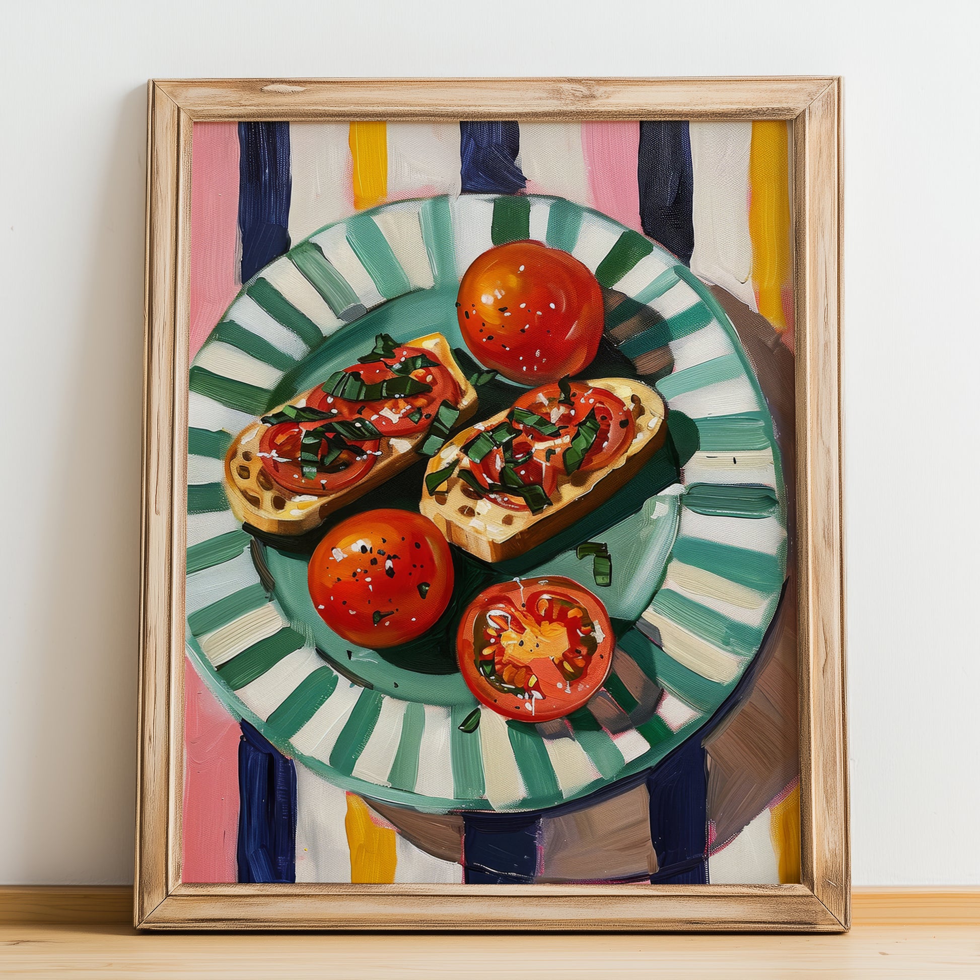 Bruschetta al pomodoro – Italian Snack Dish, Restaurant Illustration, no-text version framed in wood