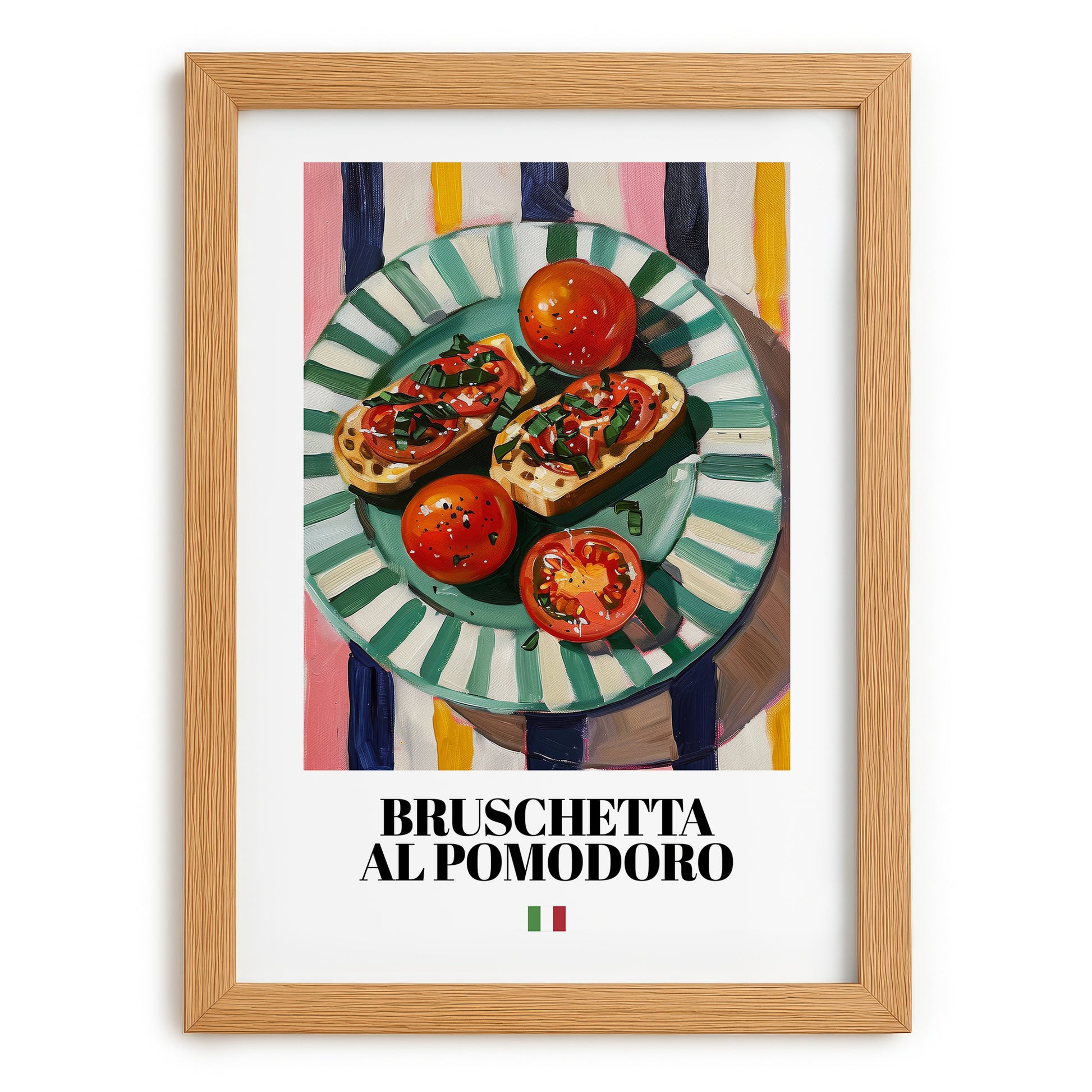 Bruschetta al pomodoro – Italian Snack Dish, Restaurant Illustration, set in oak frame