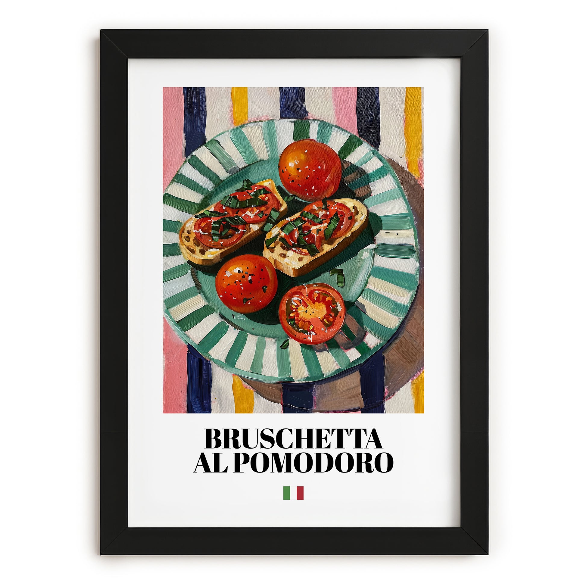 Bruschetta al pomodoro – Italian Snack Dish, Restaurant Illustration, in sleek black frame