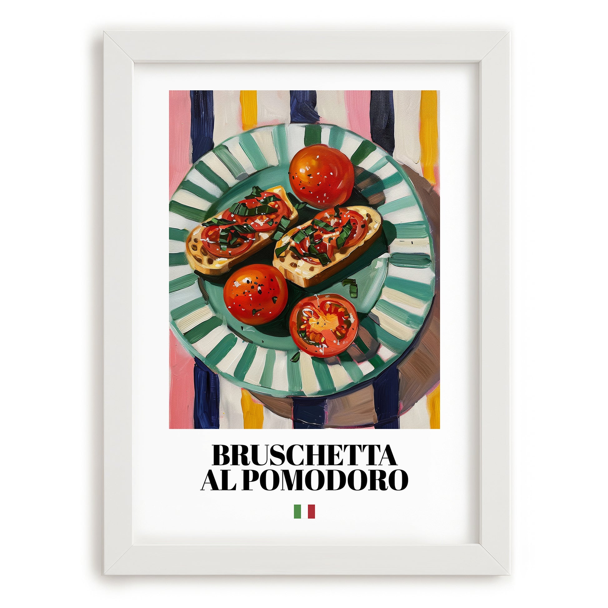 Bruschetta al pomodoro – Italian Snack Dish, Restaurant Illustration, placed in minimal white frame