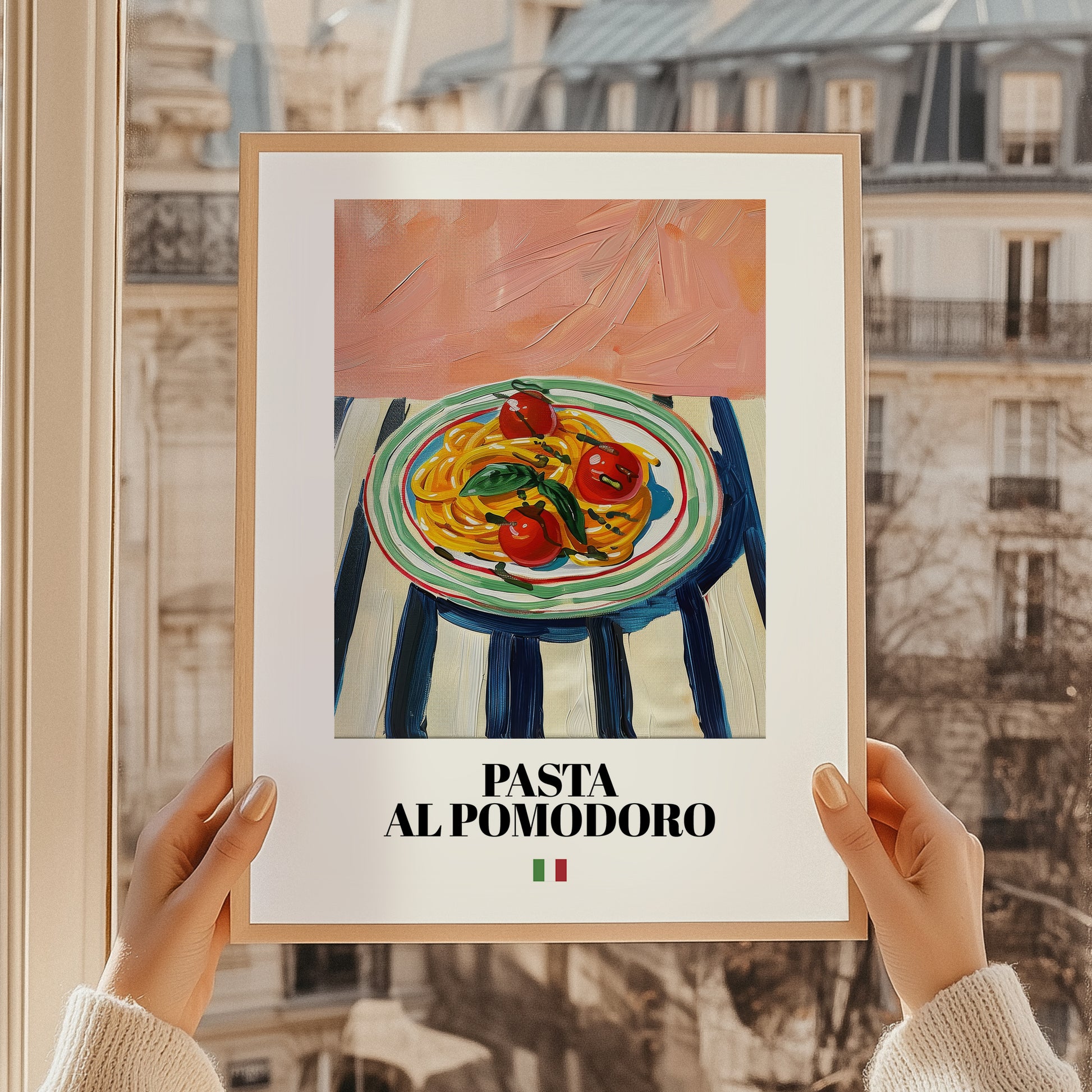 Pasta al pomodoro – Italian Pasta, Restaurant Poster, styled in a charming Paris street view