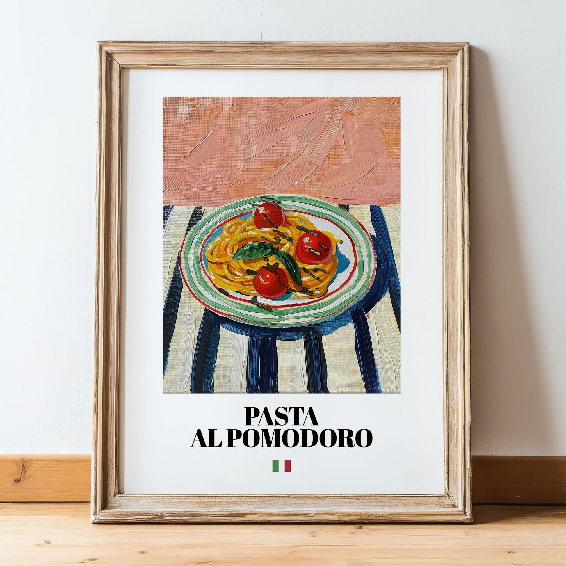 Pasta al pomodoro – Italian Pasta, Restaurant Poster, in wooden frame leaning on the floor
