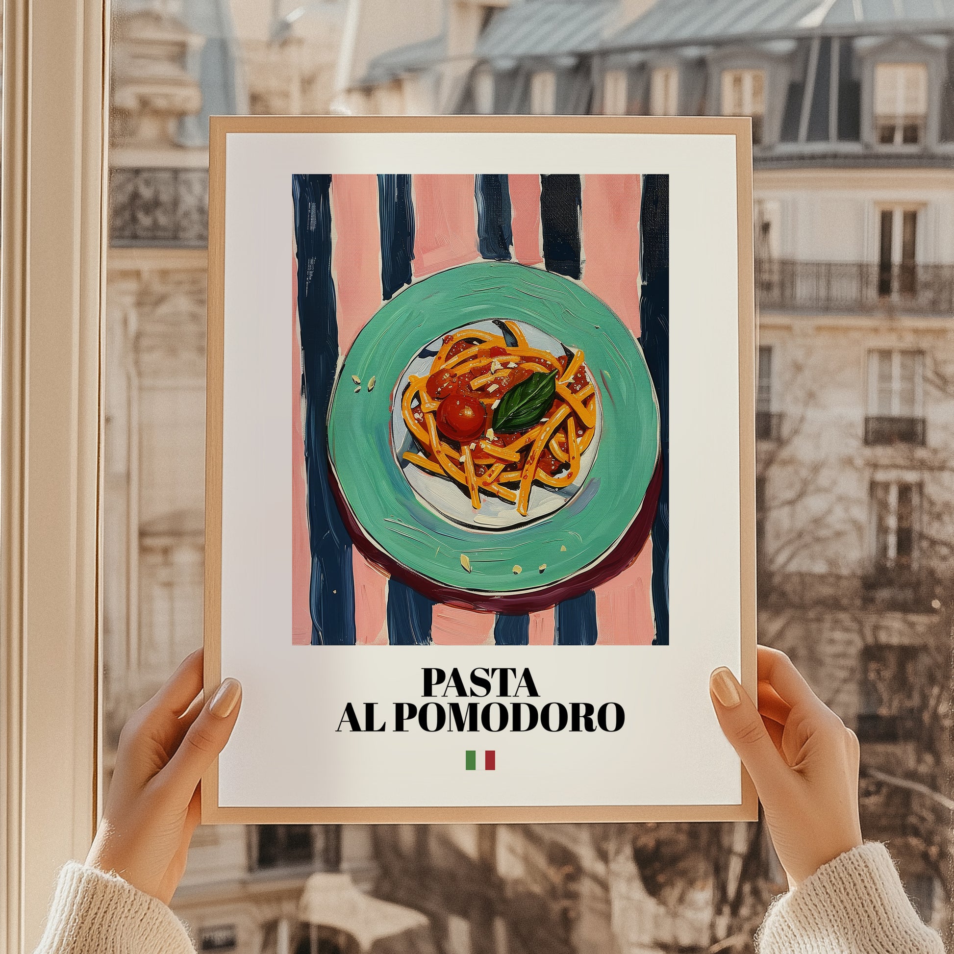 Pasta al pomodoro – Italian Pasta, Osteria Painting, styled in a charming Paris street view