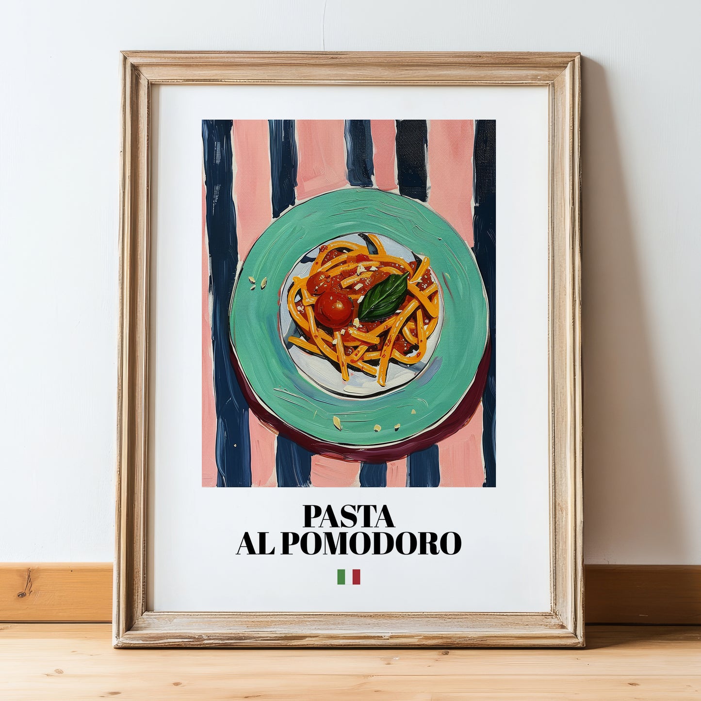 Pasta al pomodoro – Italian Pasta, Osteria Painting, in wooden frame leaning on the floor