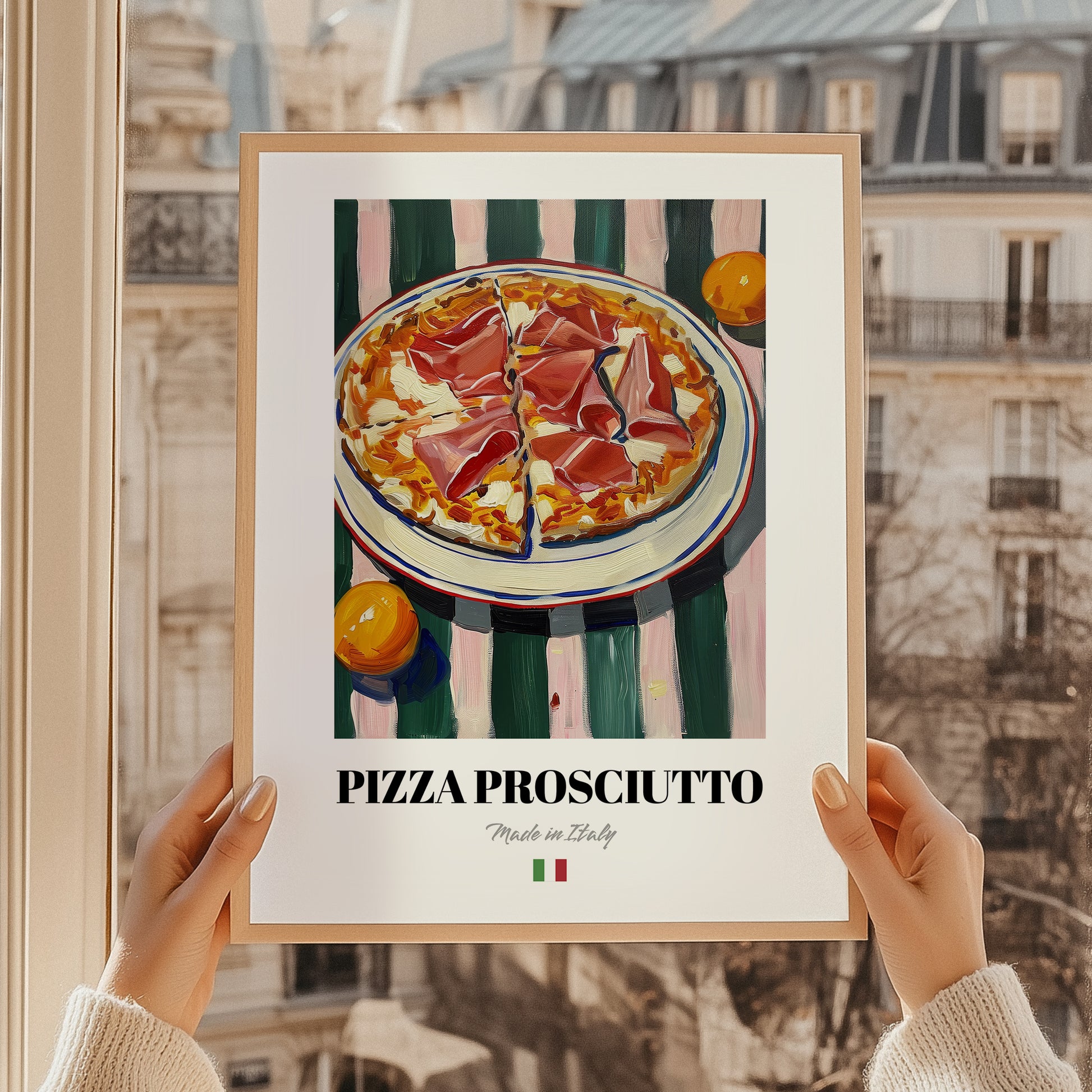 Pizza prosciutto – Italian Pizza, Trattoria Wall Art, styled in a charming Paris street view