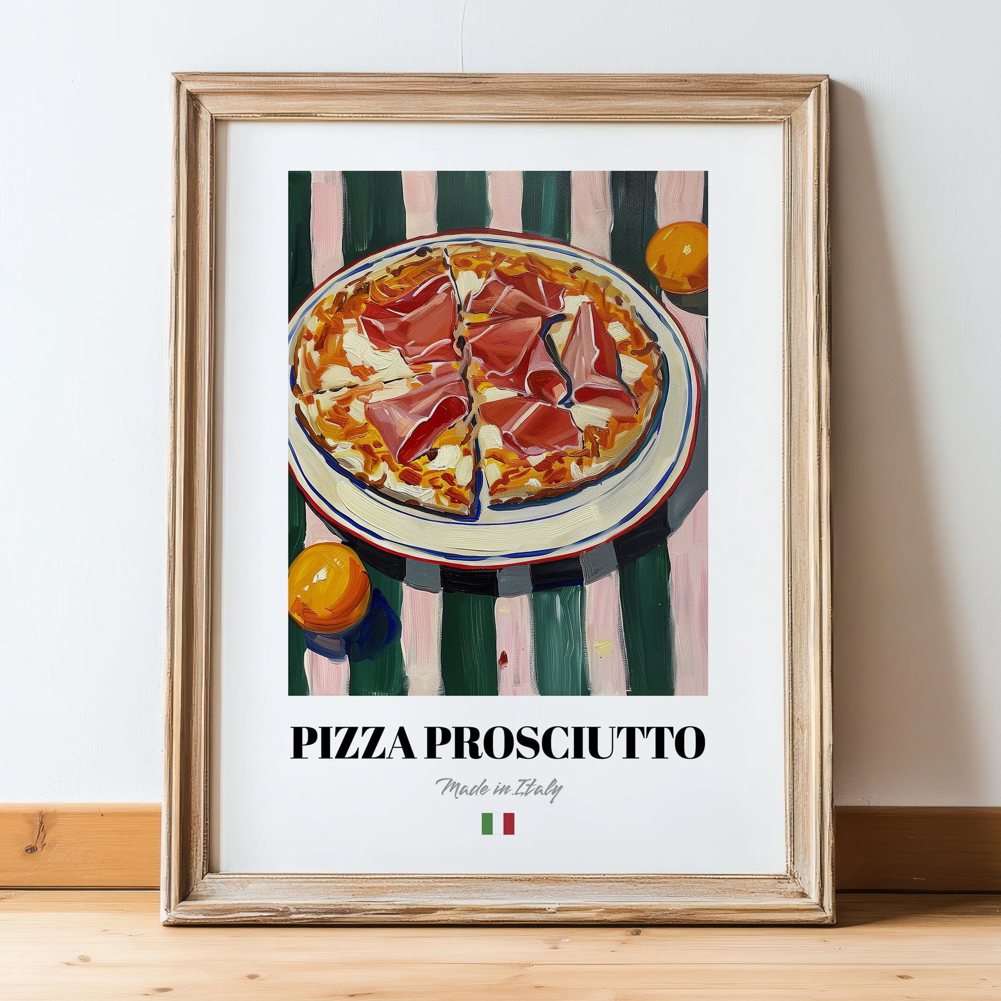 Pizza prosciutto – Italian Pizza, Trattoria Wall Art, in wooden frame leaning on the floor