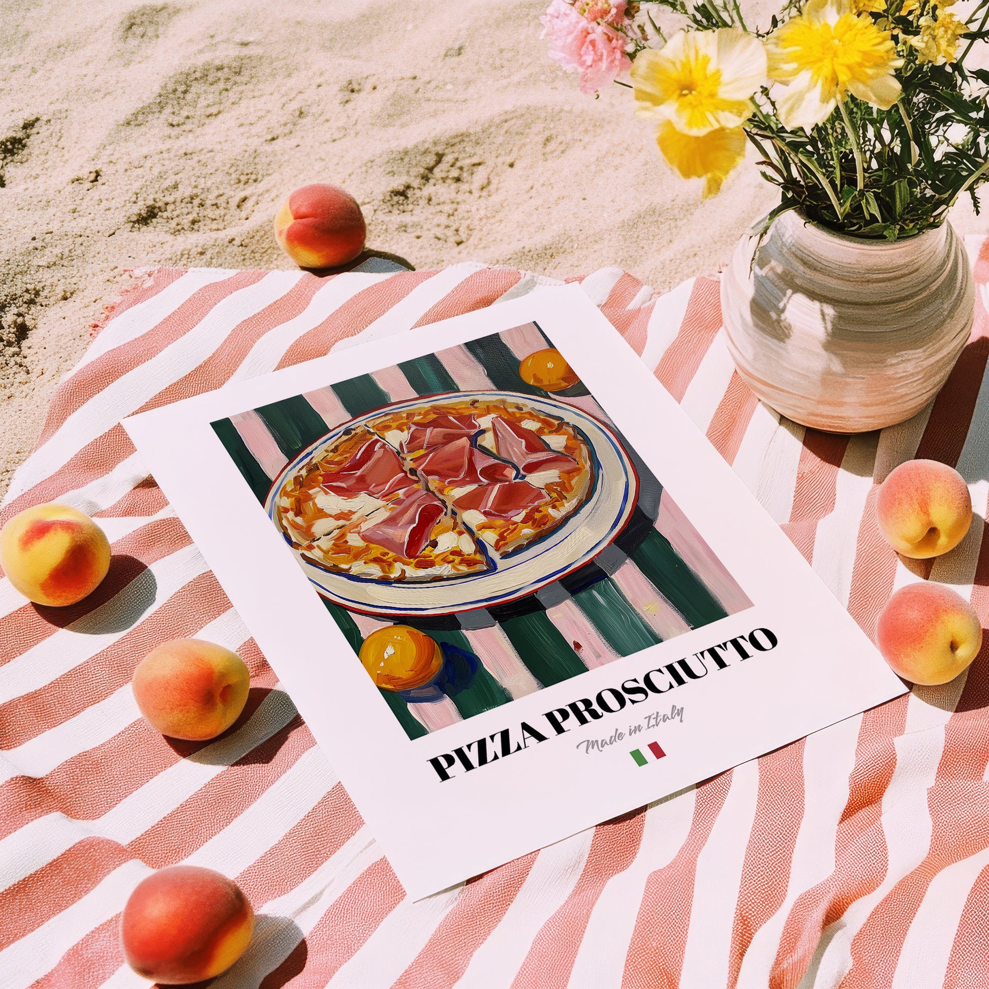 Pizza prosciutto – Italian Pizza, Trattoria Wall Art, unframed on coastal sand