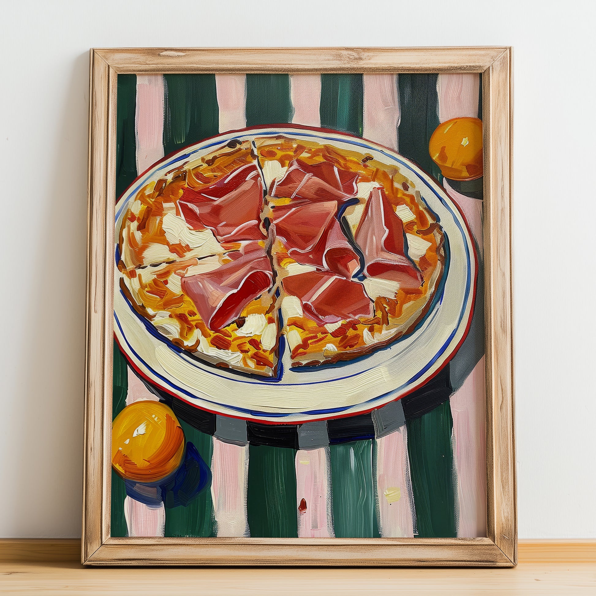 Pizza prosciutto – Italian Pizza, Trattoria Wall Art, no-text version framed in wood