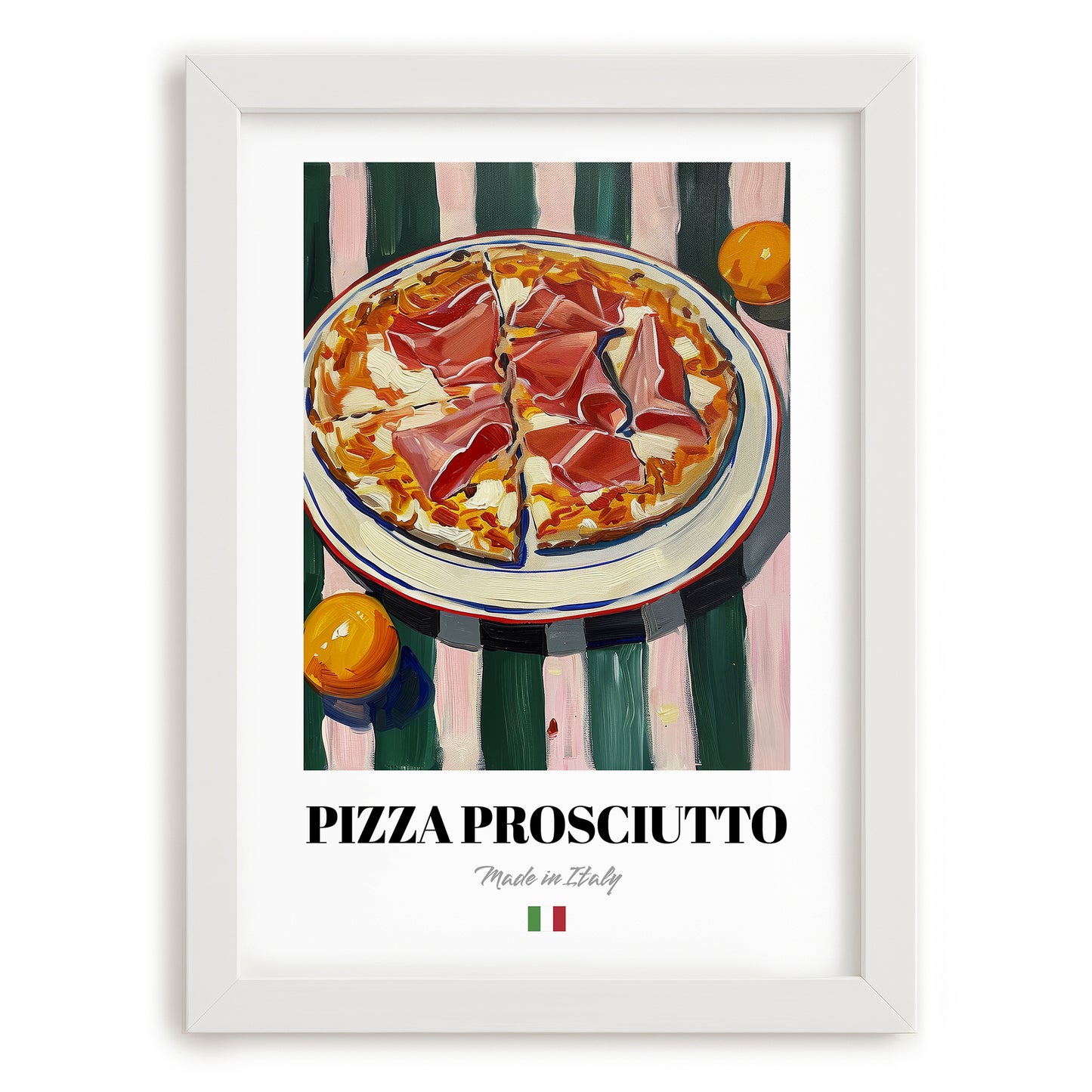 Pizza prosciutto – Italian Pizza, Trattoria Wall Art, placed in minimal white frame
