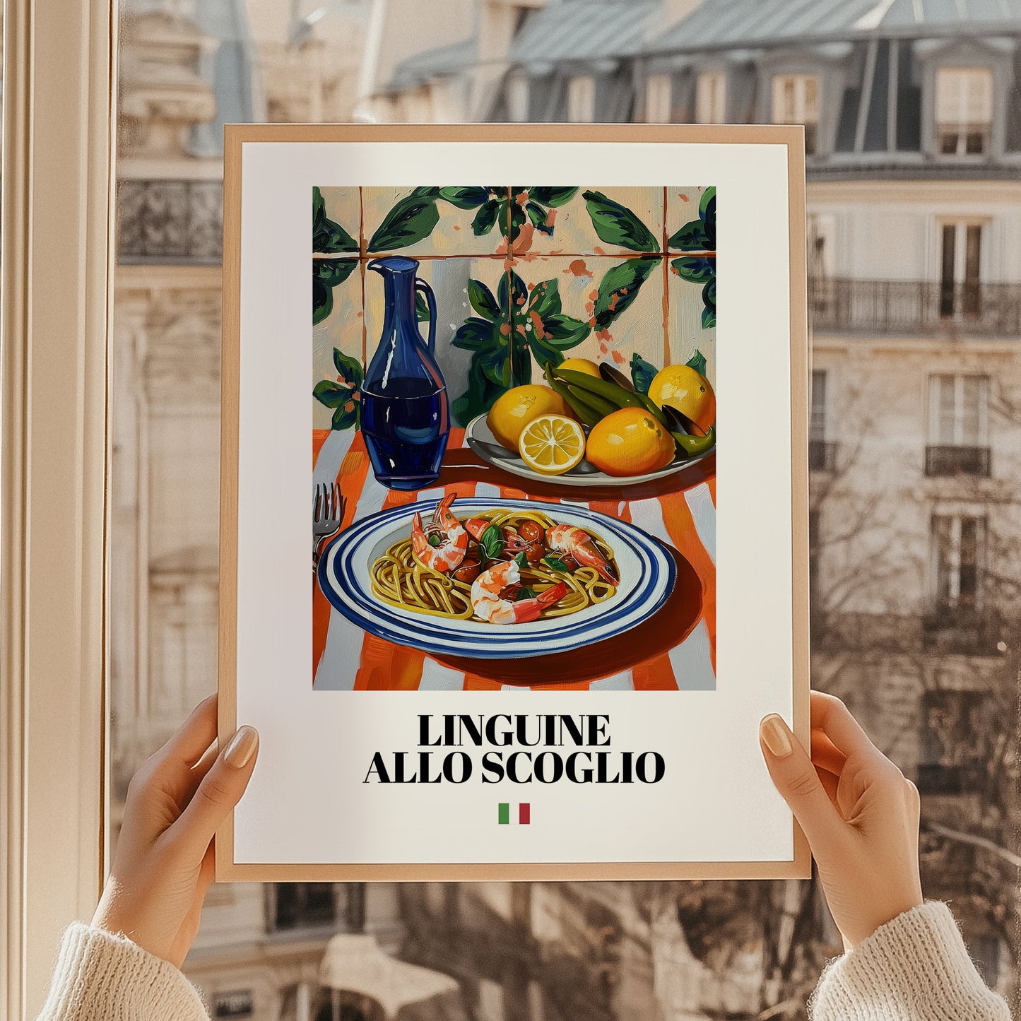 Linguine allo scoglio – Italian Pasta, Osteria Wall Art, styled in a charming Paris street view