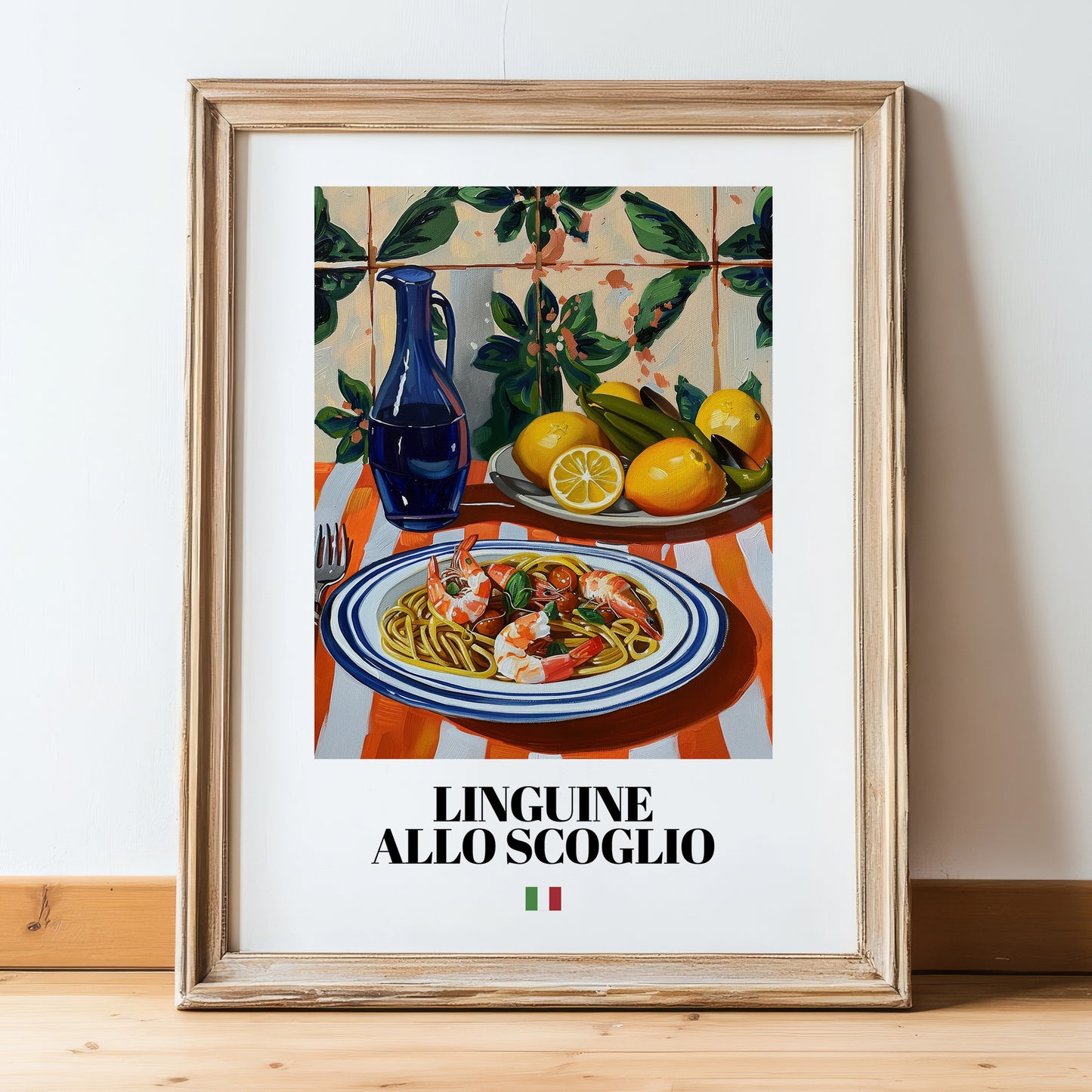 Linguine allo scoglio – Italian Pasta, Osteria Wall Art, in wooden frame leaning on the floor