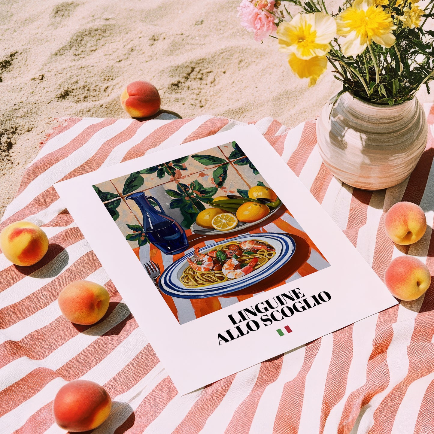 Linguine allo scoglio – Italian Pasta, Osteria Wall Art, unframed on coastal sand