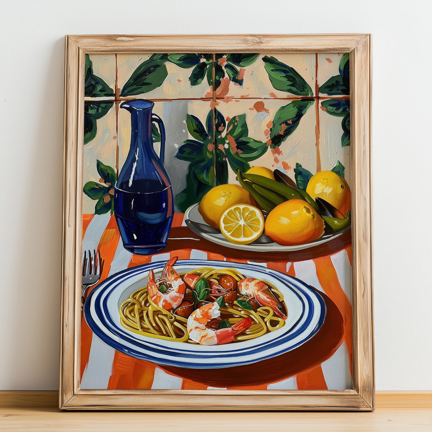 Linguine allo scoglio – Italian Pasta, Osteria Wall Art, no-text version framed in wood
