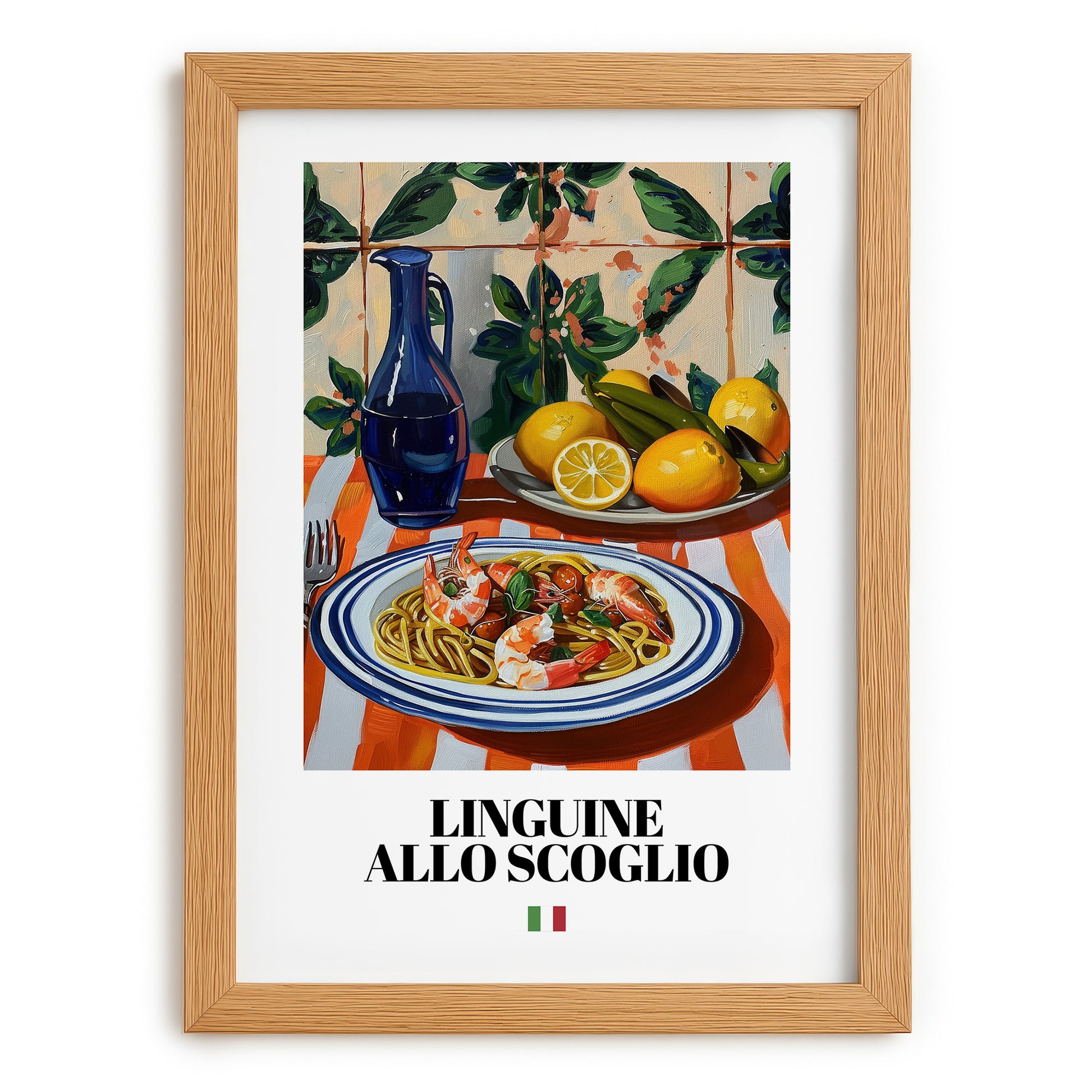 Linguine allo scoglio – Italian Pasta, Osteria Wall Art, set in oak frame