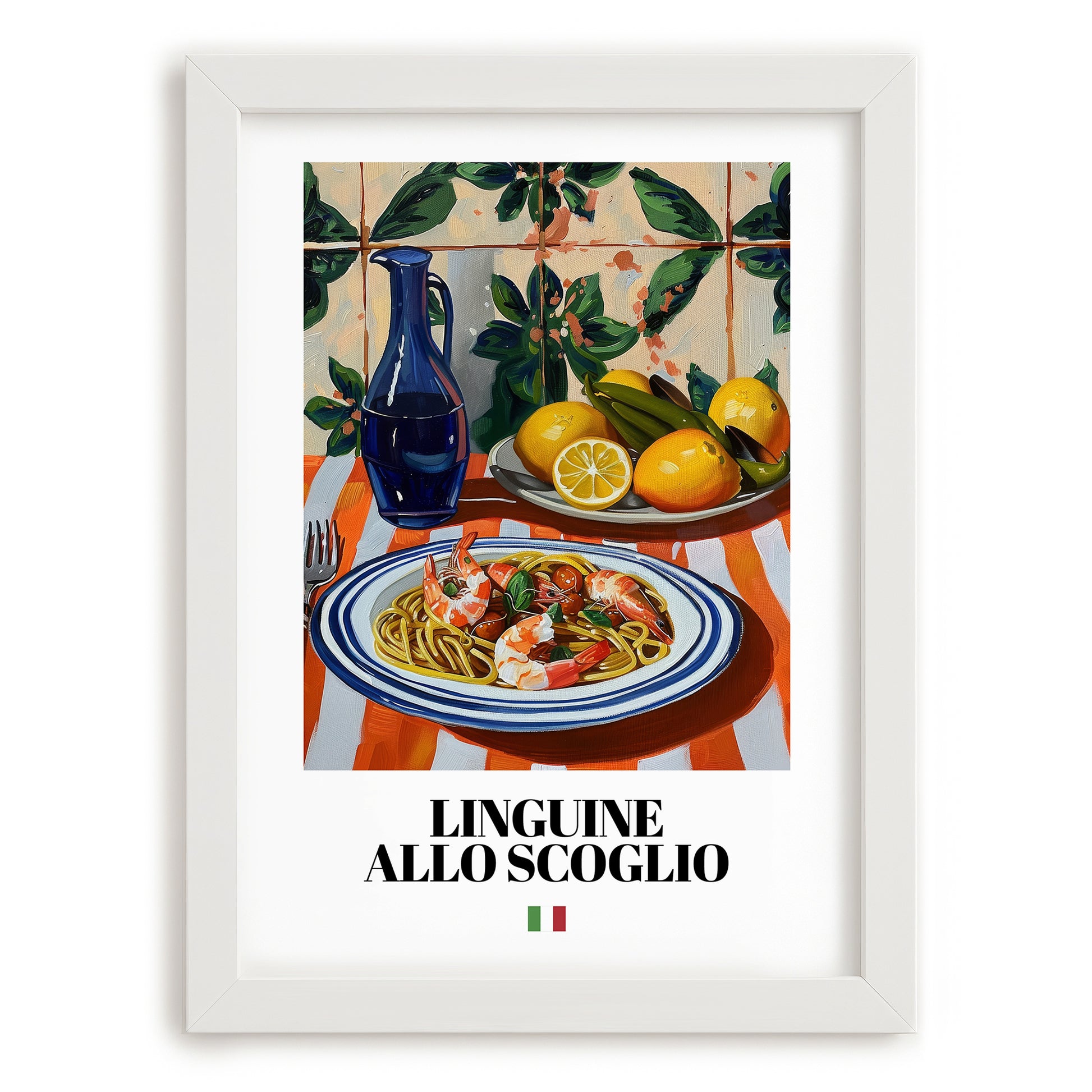 Linguine allo scoglio – Italian Pasta, Osteria Wall Art, placed in minimal white frame