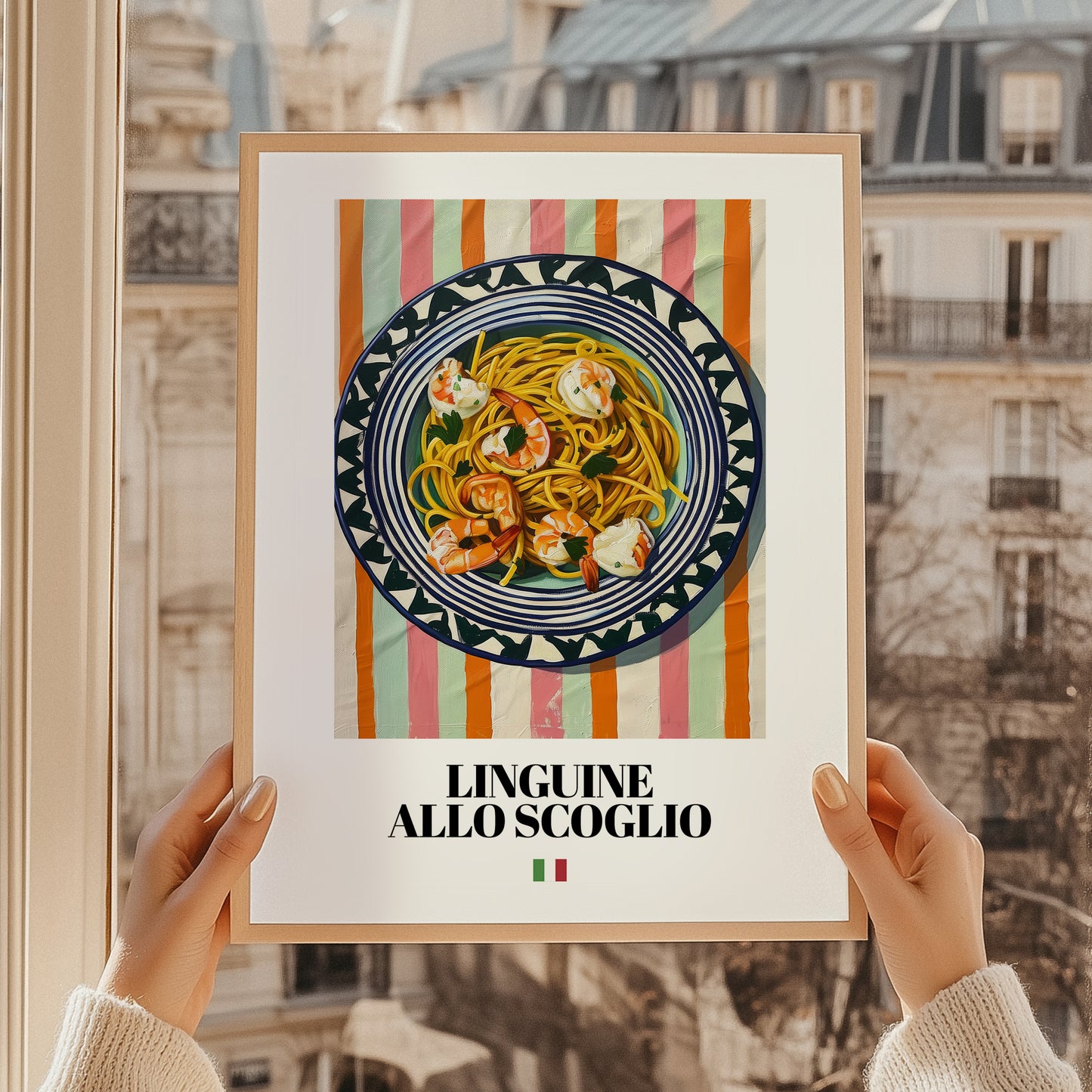 Linguine allo scoglio – Italian Pasta, Restaurant Wall Decor, styled in a charming Paris street view