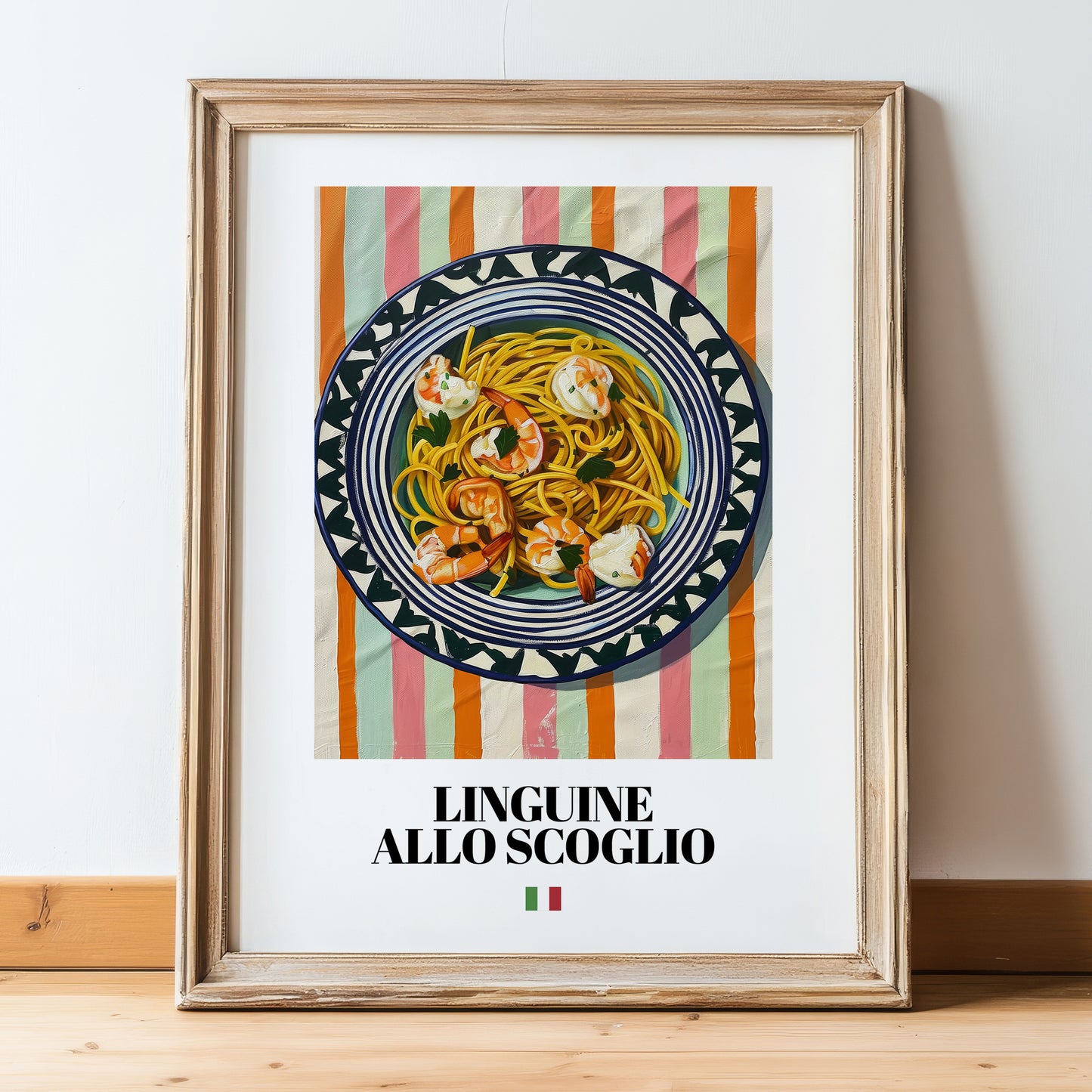 Linguine allo scoglio – Italian Pasta, Restaurant Wall Decor, in wooden frame leaning on the floor