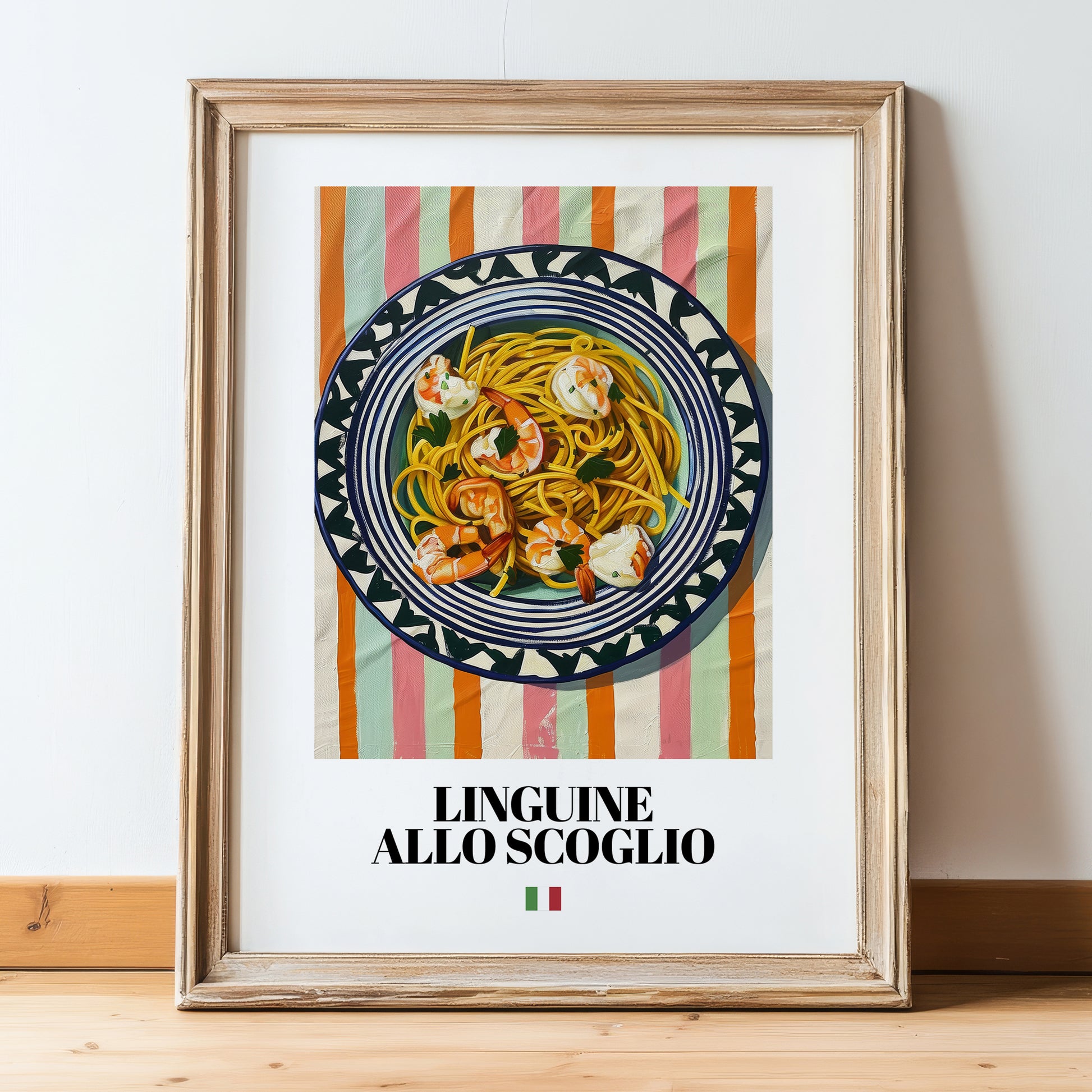 Linguine allo scoglio – Italian Pasta, Restaurant Wall Decor, in wooden frame leaning on the floor