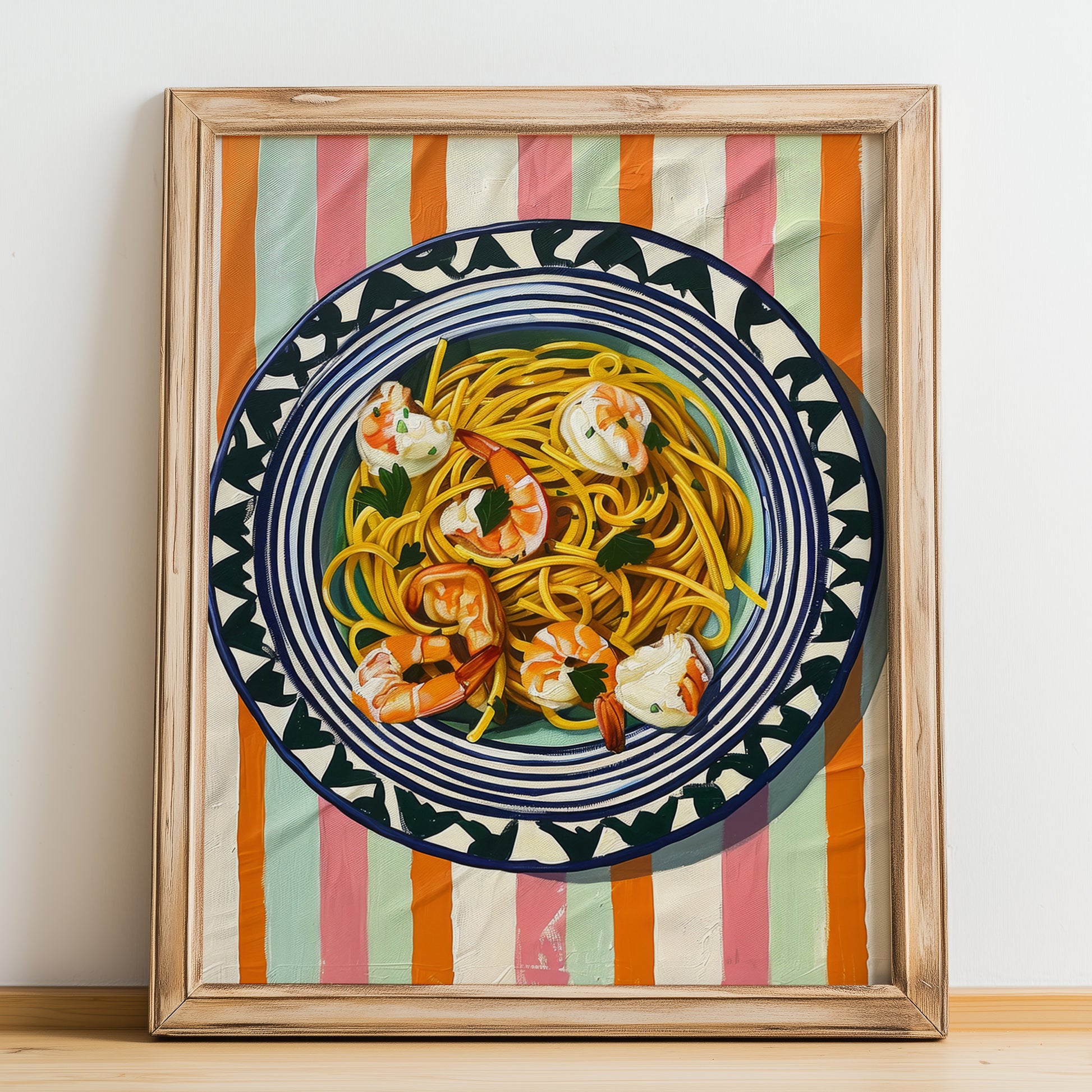 Linguine allo scoglio – Italian Pasta, Restaurant Wall Decor, no-text version framed in wood