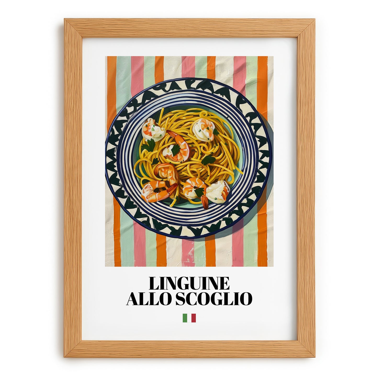 Linguine allo scoglio – Italian Pasta, Restaurant Wall Decor, set in oak frame