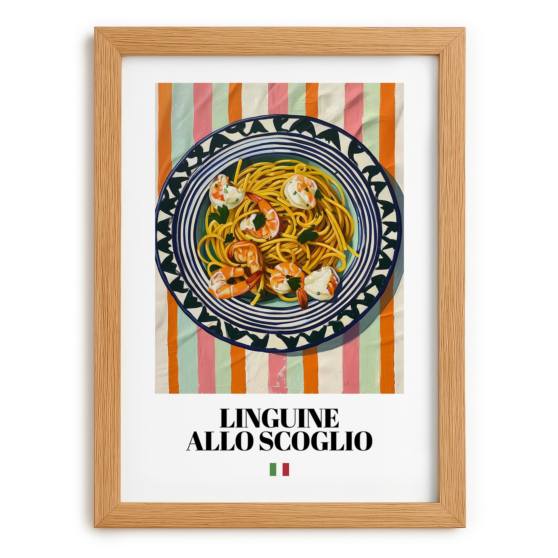 Linguine allo scoglio – Italian Pasta, Restaurant Wall Decor, set in oak frame