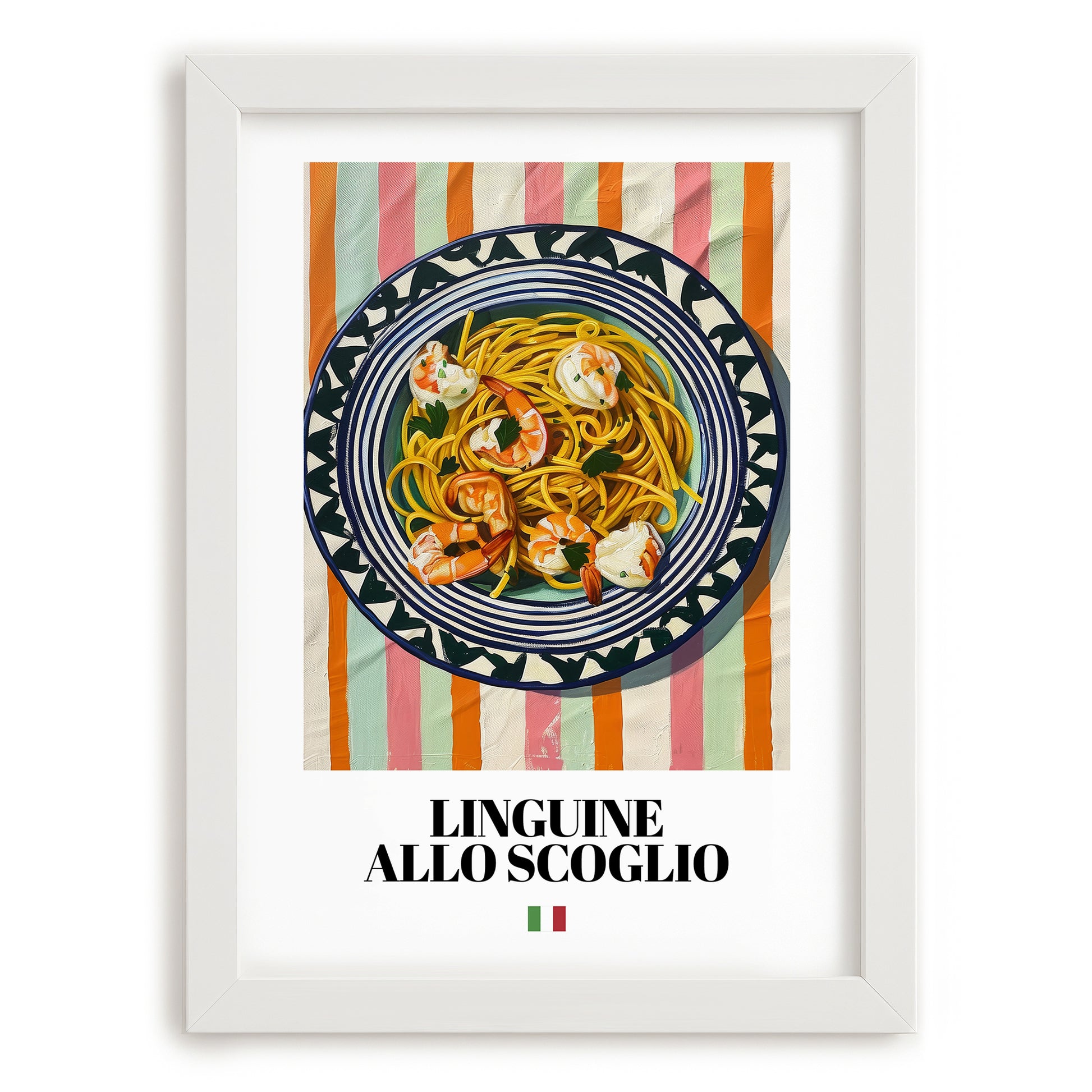 Linguine allo scoglio – Italian Pasta, Restaurant Wall Decor, placed in minimal white frame