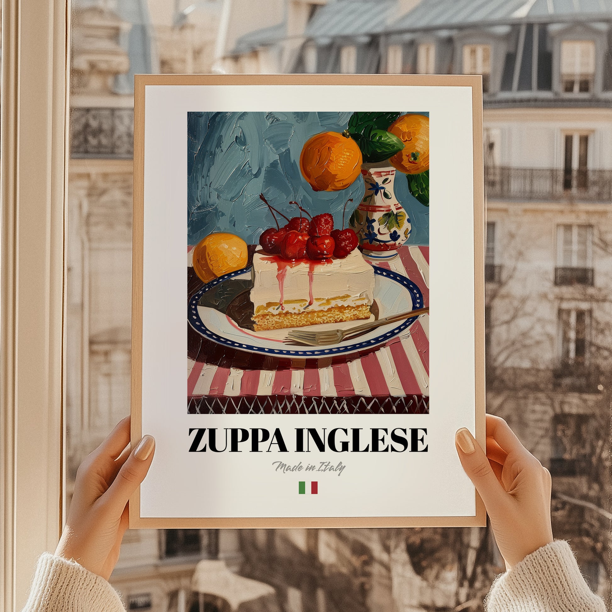 Zuppa Inglese – Italian Dessert Dish, Farmhouse Kitchen Painting, styled in a charming Paris street view