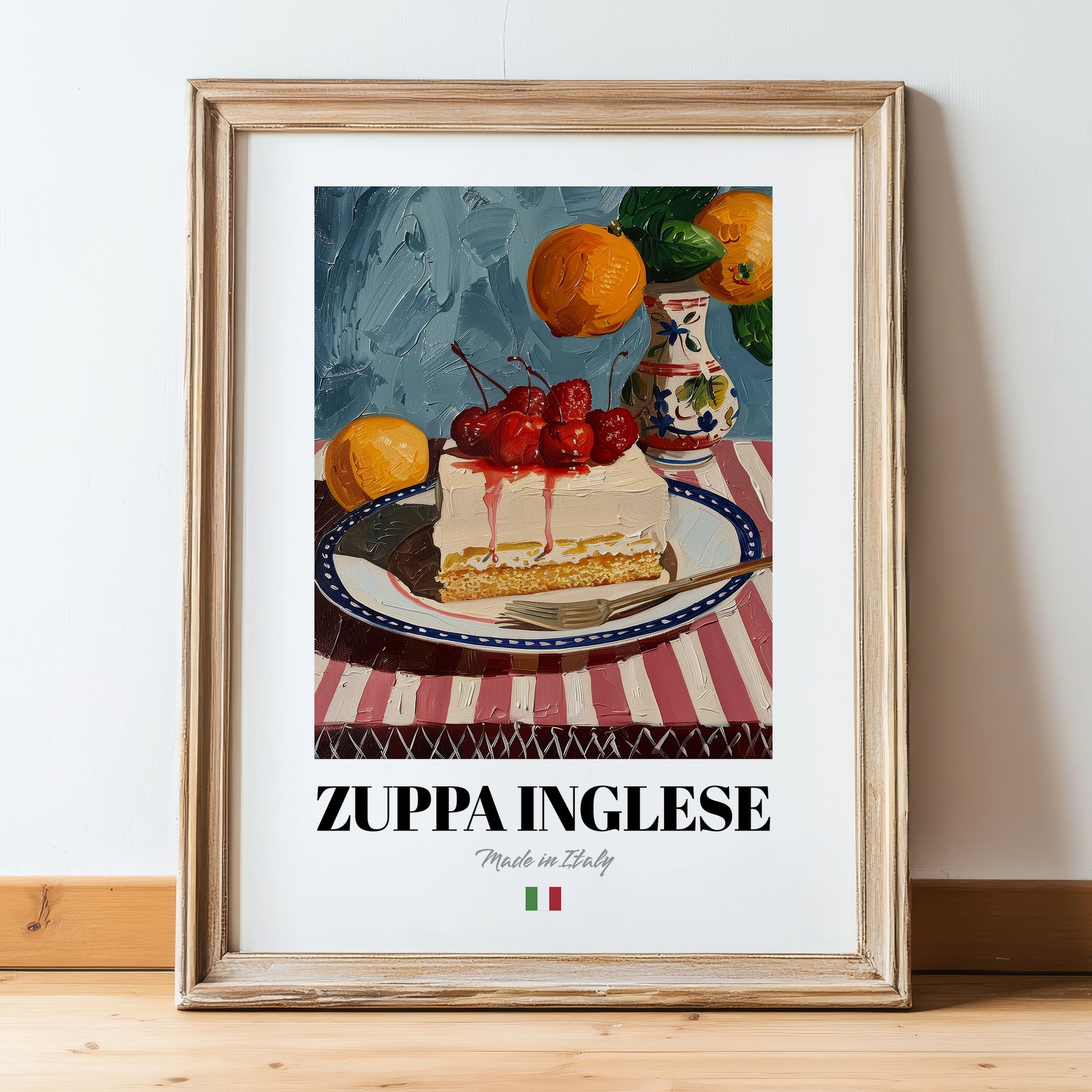 Zuppa Inglese – Italian Dessert Dish, Farmhouse Kitchen Painting, in wooden frame leaning on the floor
