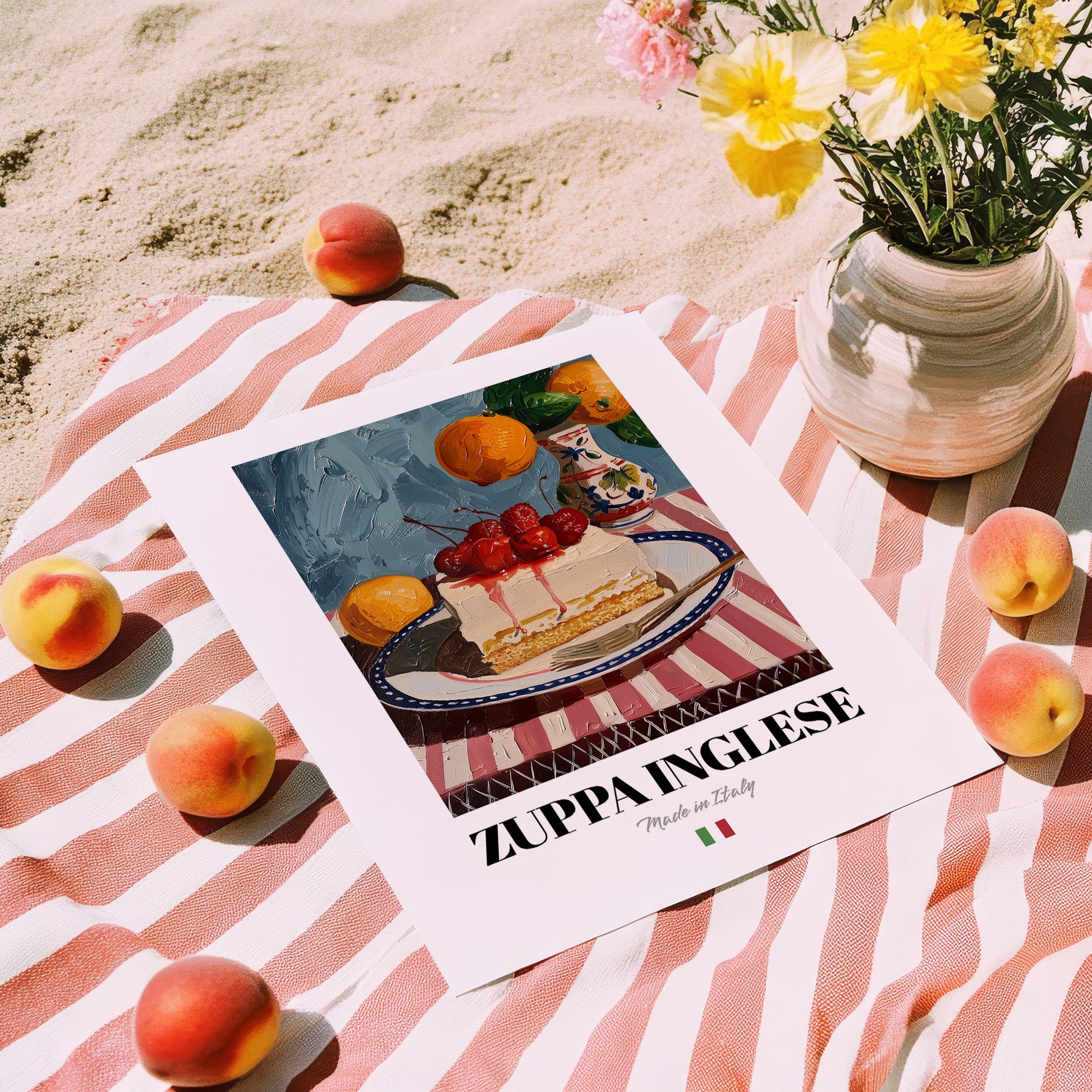 Zuppa Inglese – Italian Dessert Dish, Farmhouse Kitchen Painting, unframed on coastal sand