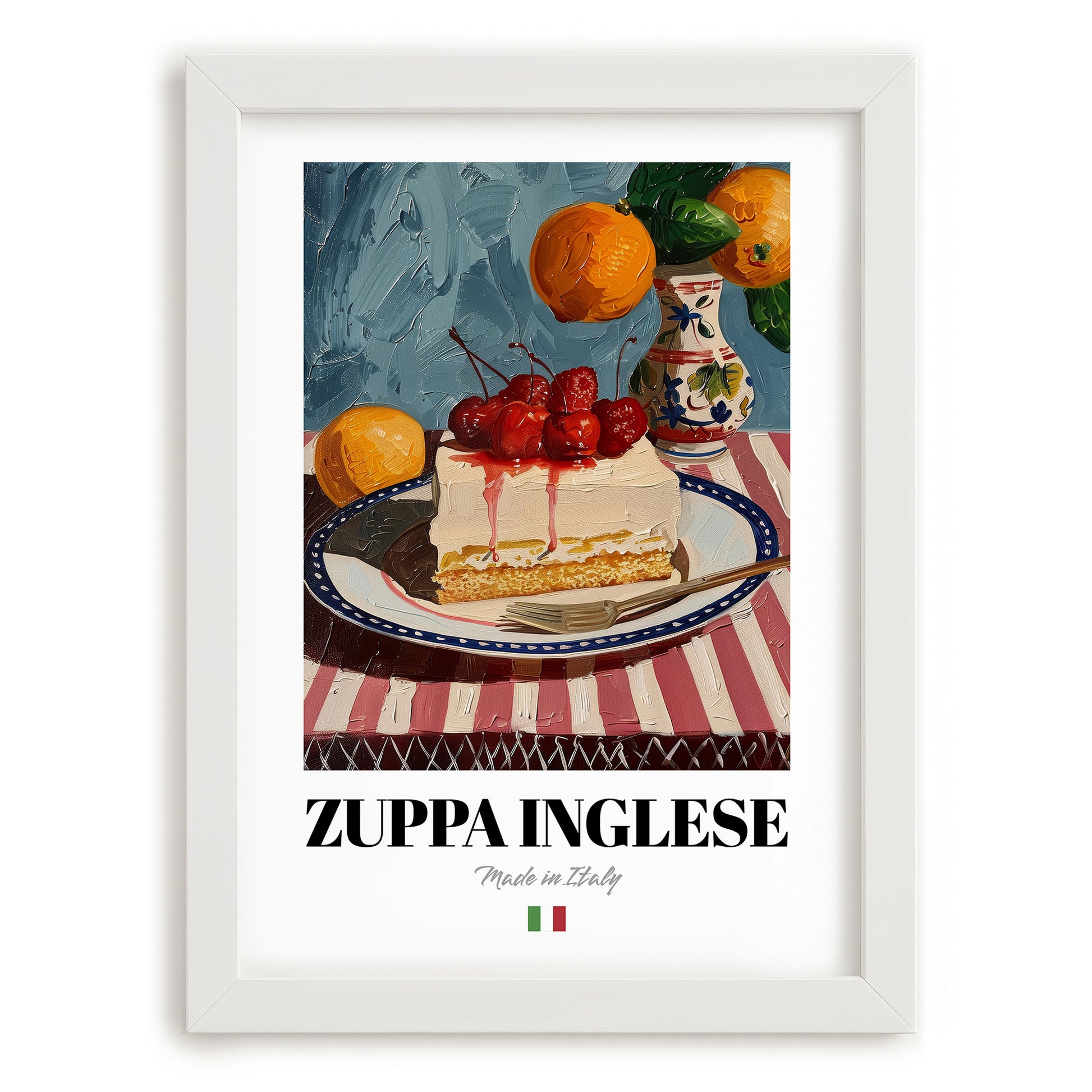 Zuppa Inglese – Italian Dessert Dish, Farmhouse Kitchen Painting, placed in minimal white frame