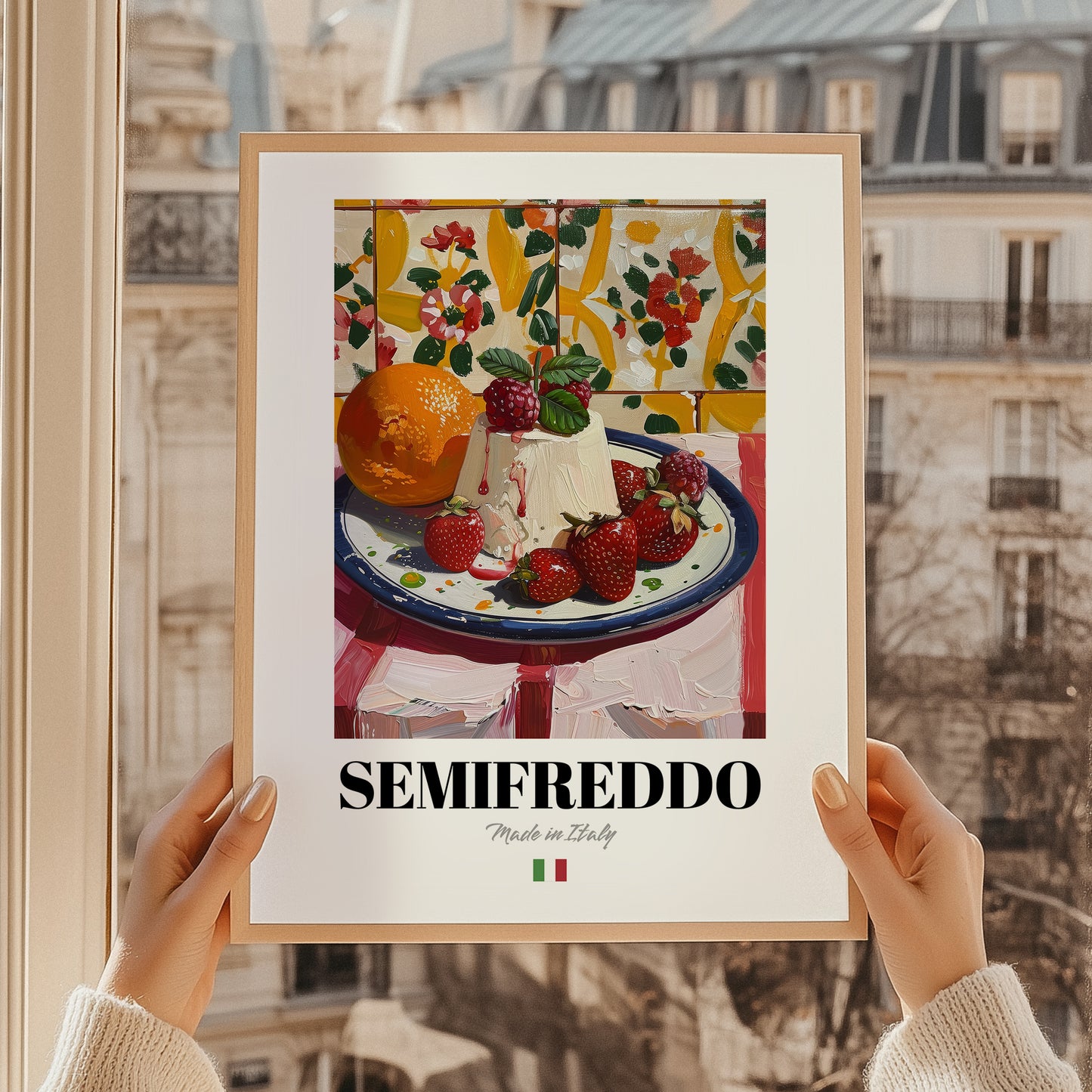 Semifreddo – Italian Dessert Dish, Café Poster, styled in a charming Paris street view