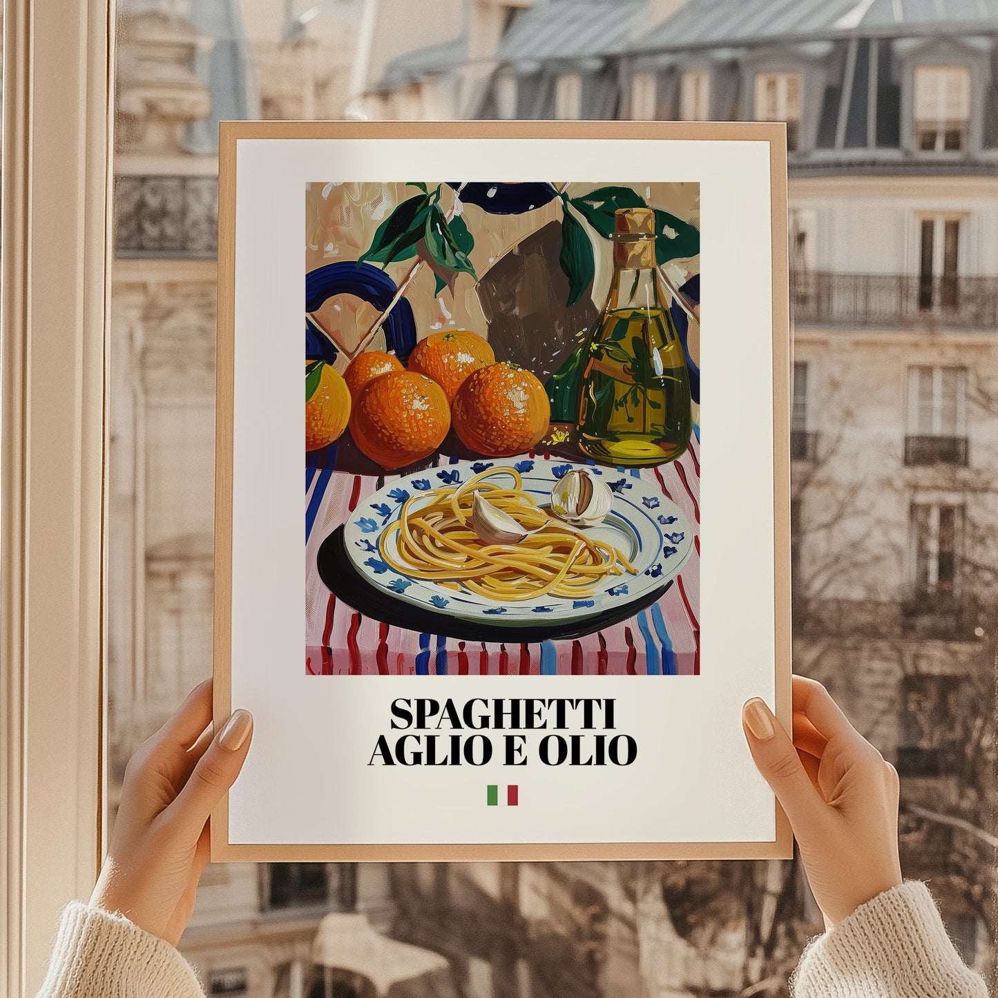 Spaghetti aglio e olio – Italian Pasta, Osteria Wall Art, styled in a charming Paris street view