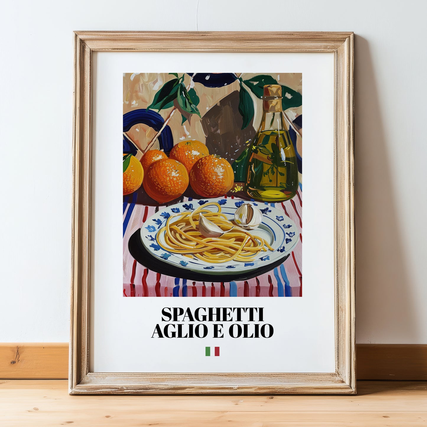 Spaghetti aglio e olio – Italian Pasta, Osteria Wall Art, in wooden frame leaning on the floor