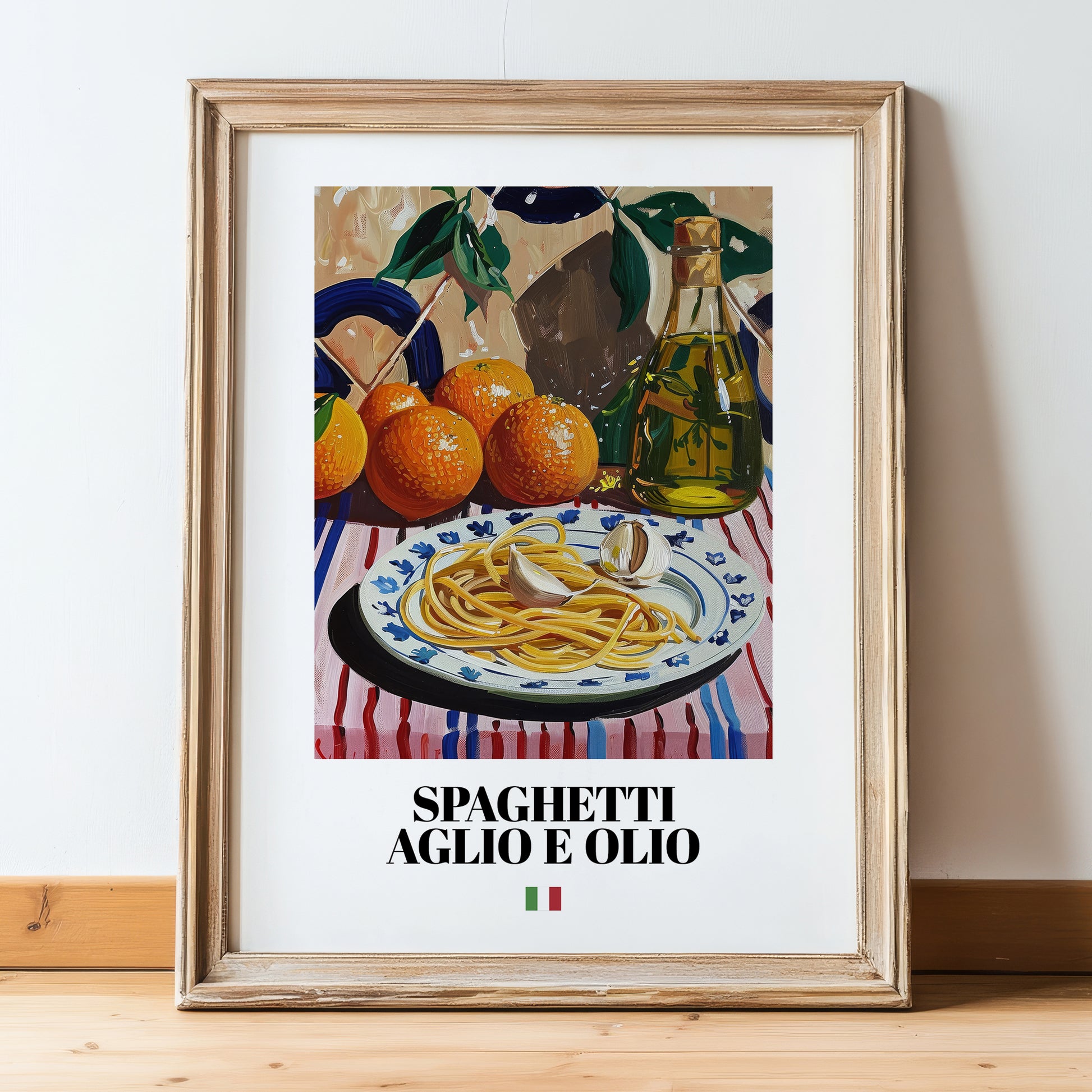 Spaghetti aglio e olio – Italian Pasta, Osteria Wall Art, in wooden frame leaning on the floor