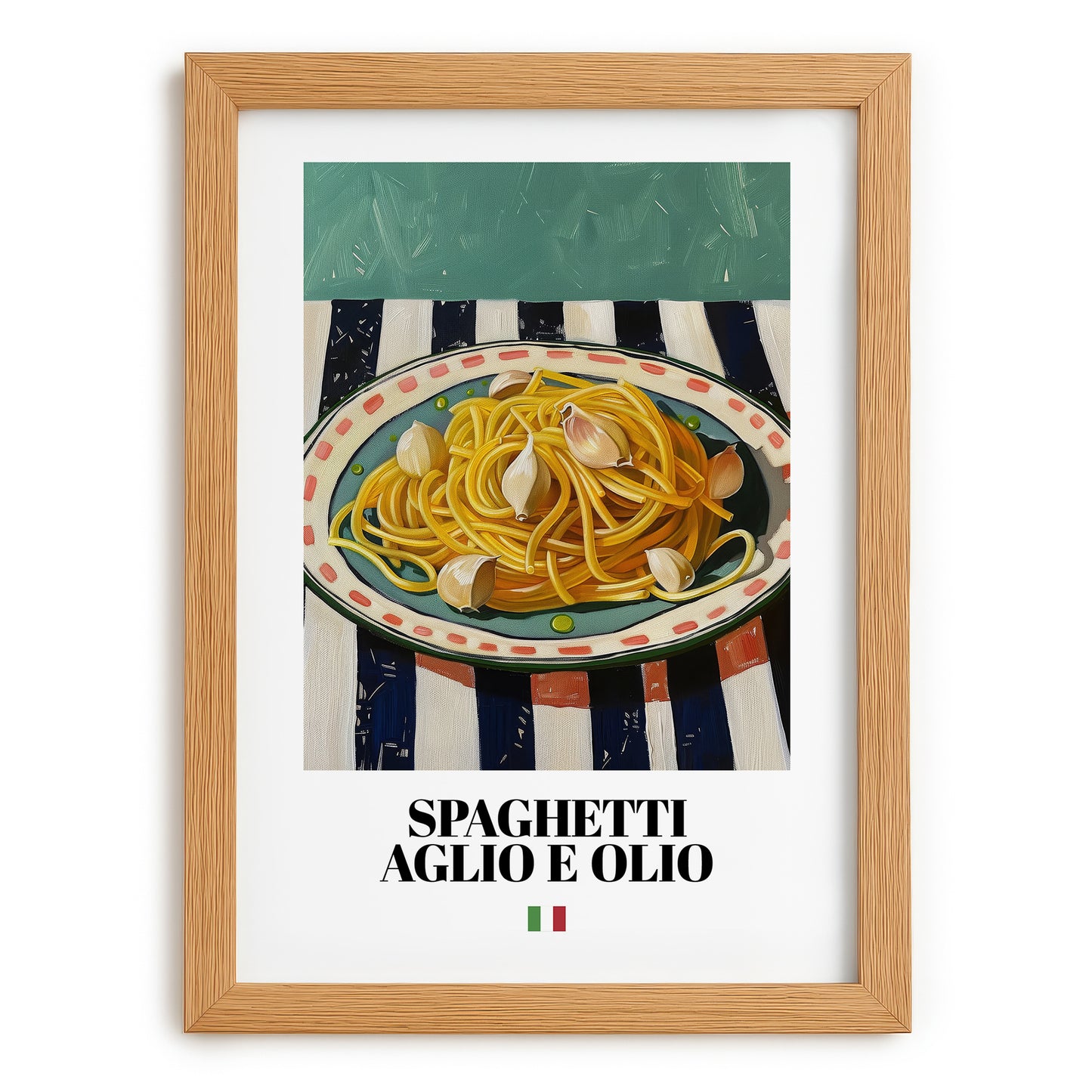 Spaghetti aglio e olio – Italian Pasta, Ristorante Print, set in oak frame