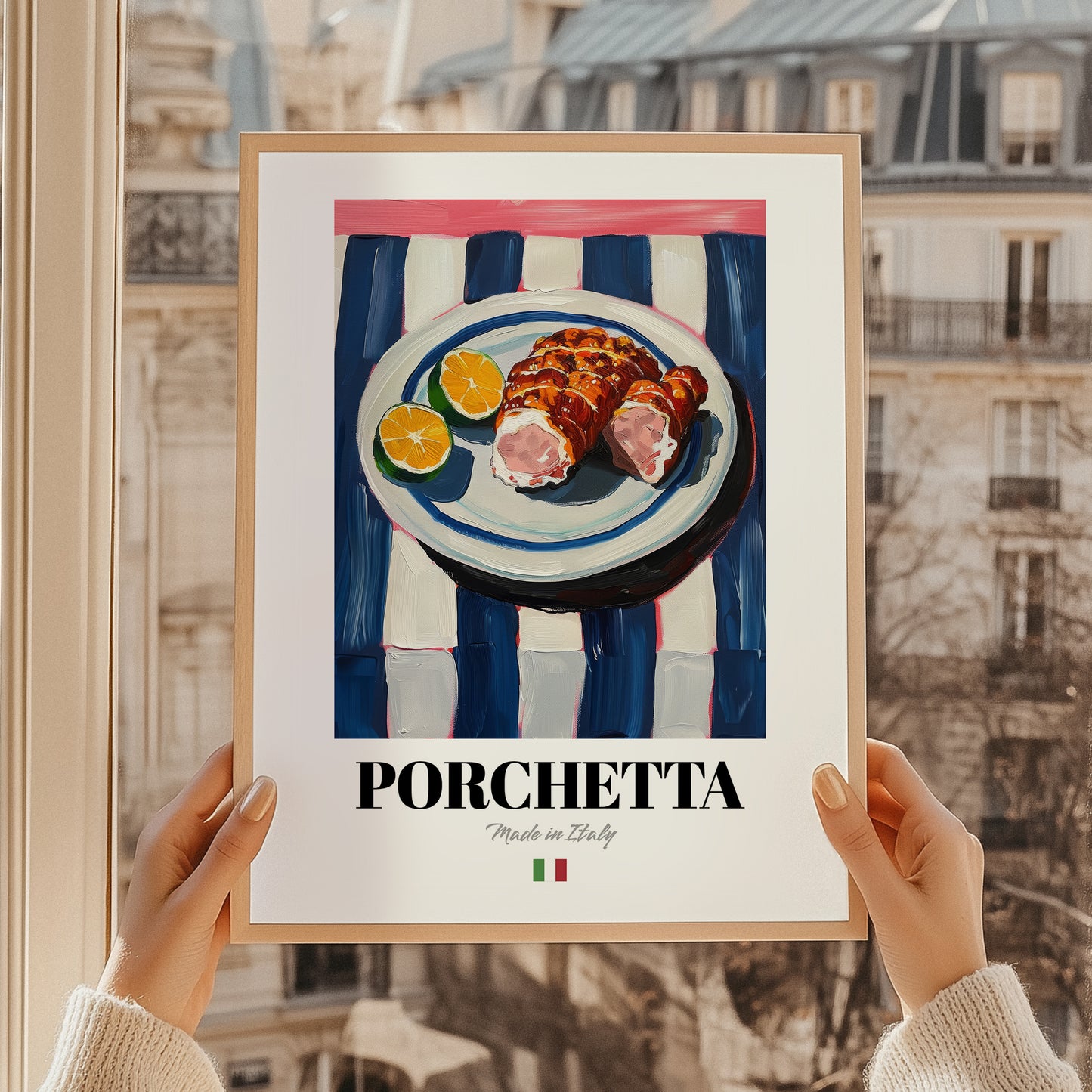 Porchetta – Italian Meat Dish, Brasserie Poster, styled in a charming Paris street view