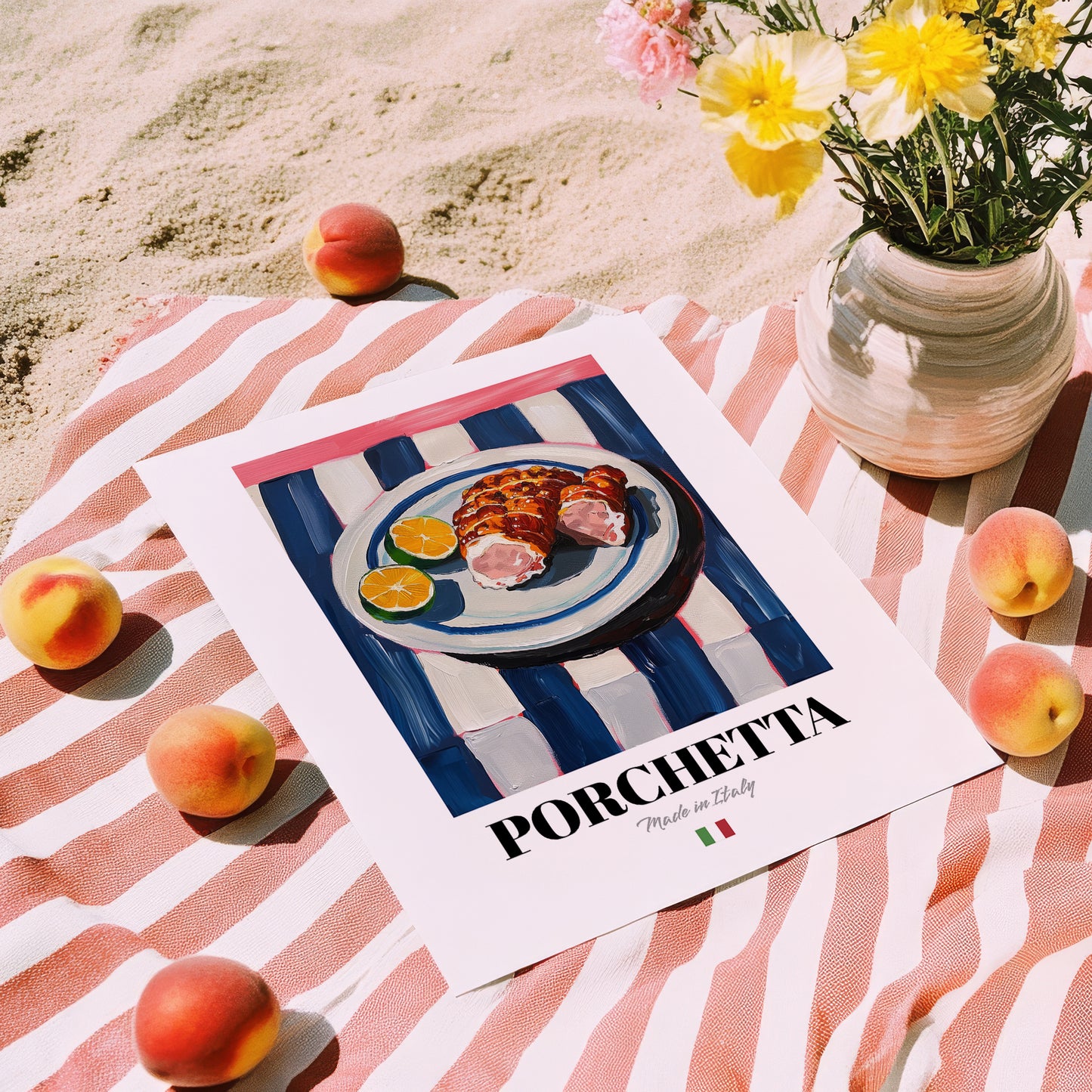 Porchetta – Italian Meat Dish, Brasserie Poster, unframed on coastal sand