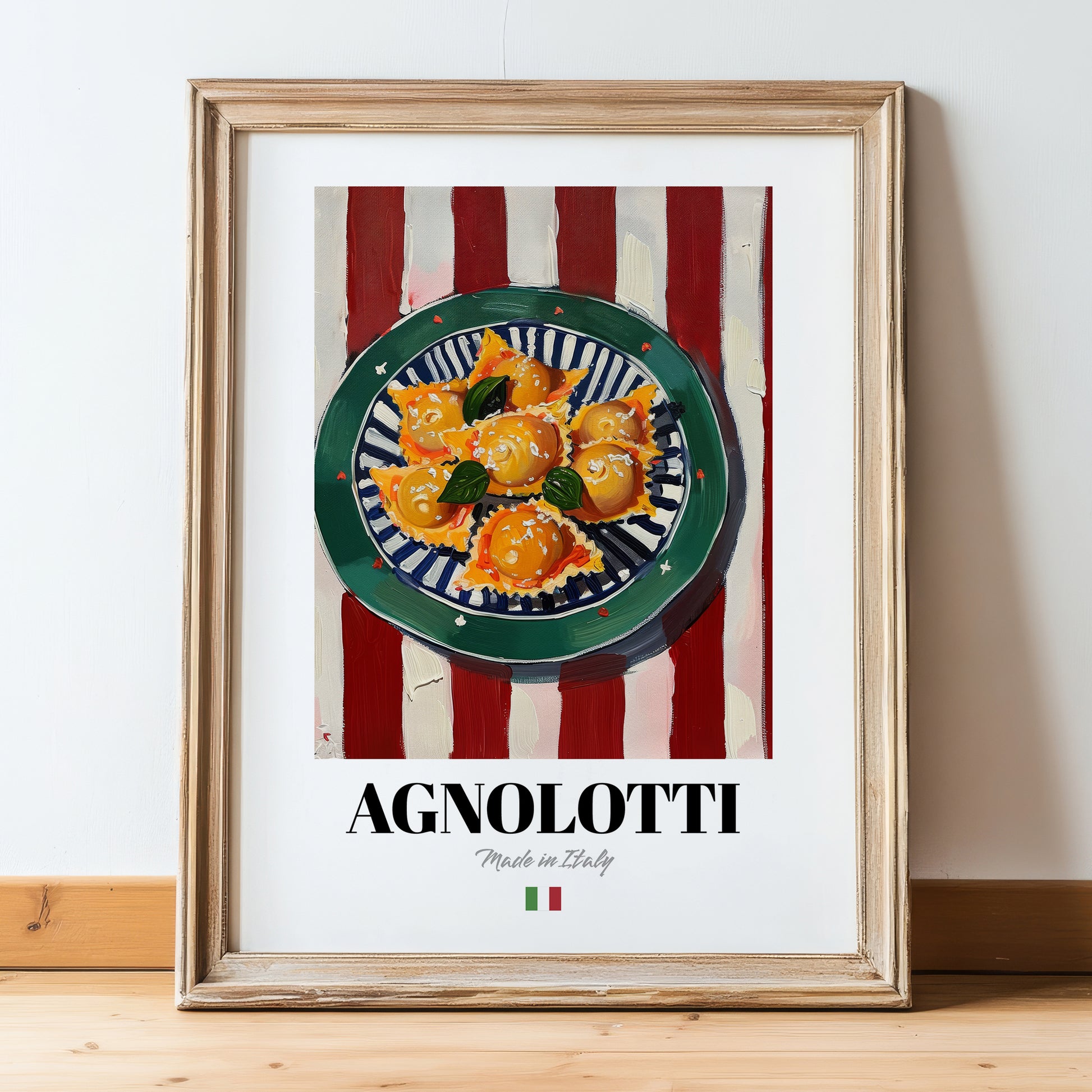 Agnolotti – Italian Pasta, Ristorante Wall Art, in wooden frame leaning on the floor