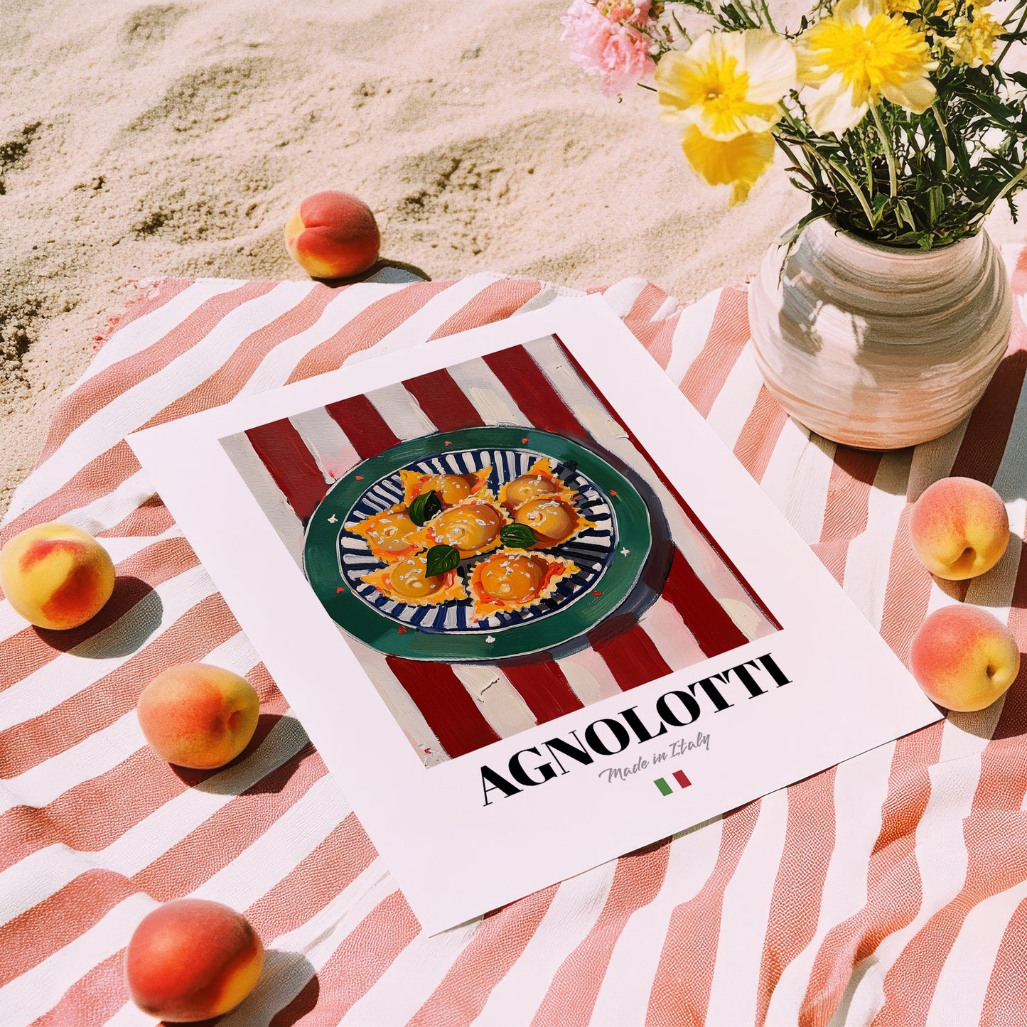 Agnolotti – Italian Pasta, Ristorante Wall Art, unframed on coastal sand