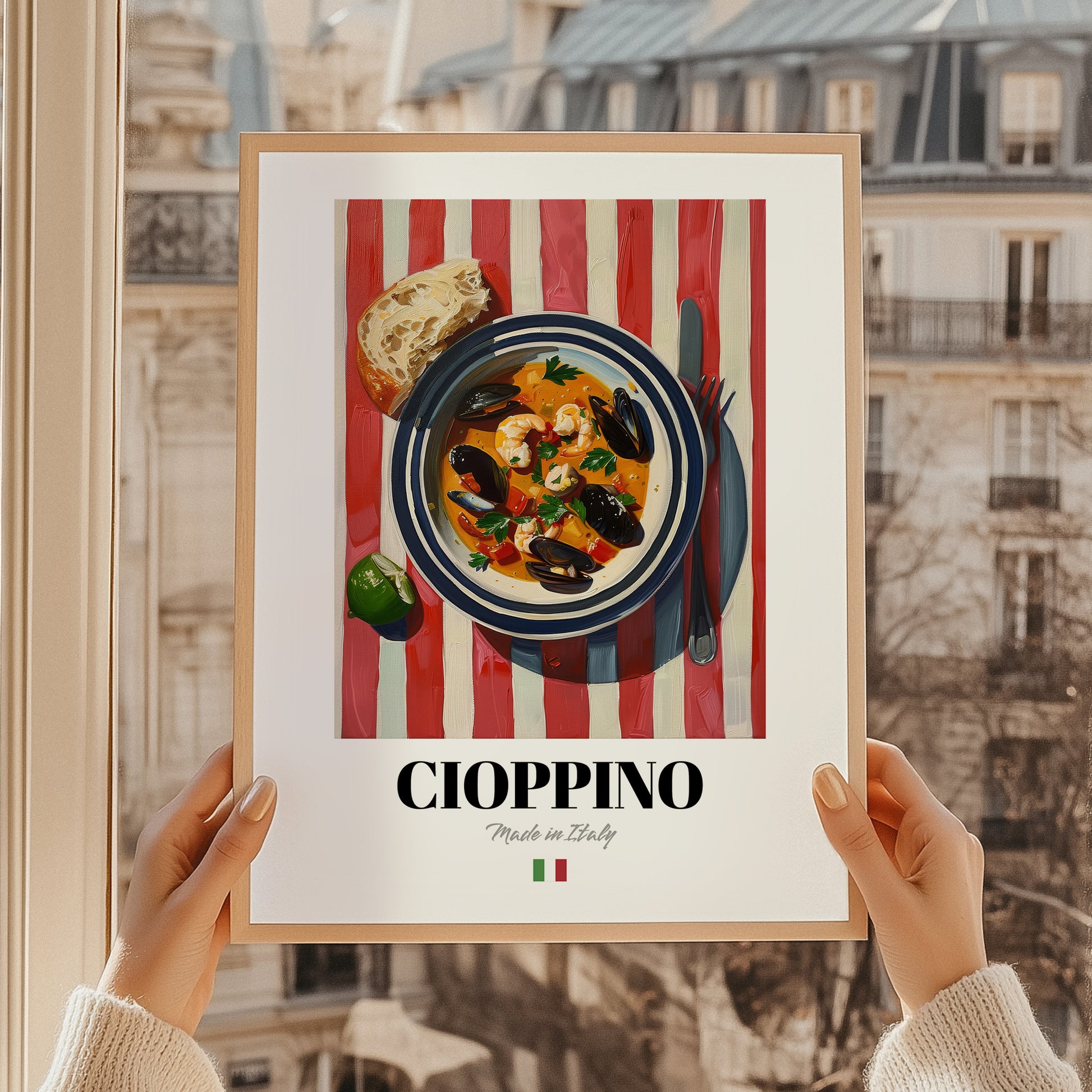 Cioppino – Italian Soup Dish, Fine Dining Restaurant Still Life, styled in a charming Paris street view