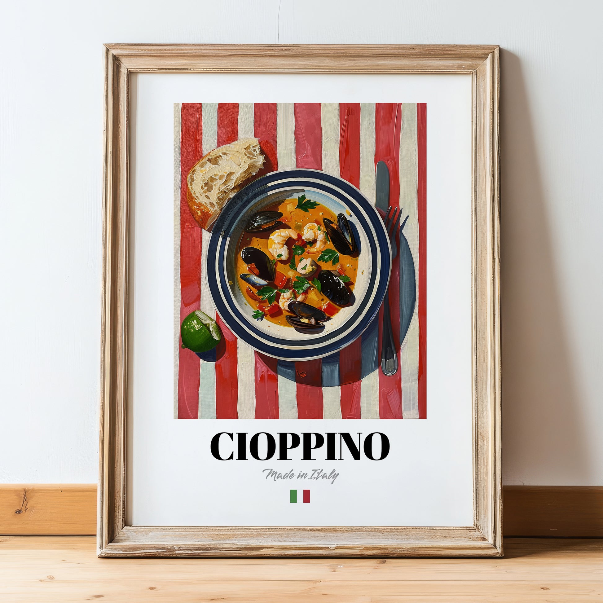Cioppino – Italian Soup Dish, Fine Dining Restaurant Still Life, in wooden frame leaning on the floor