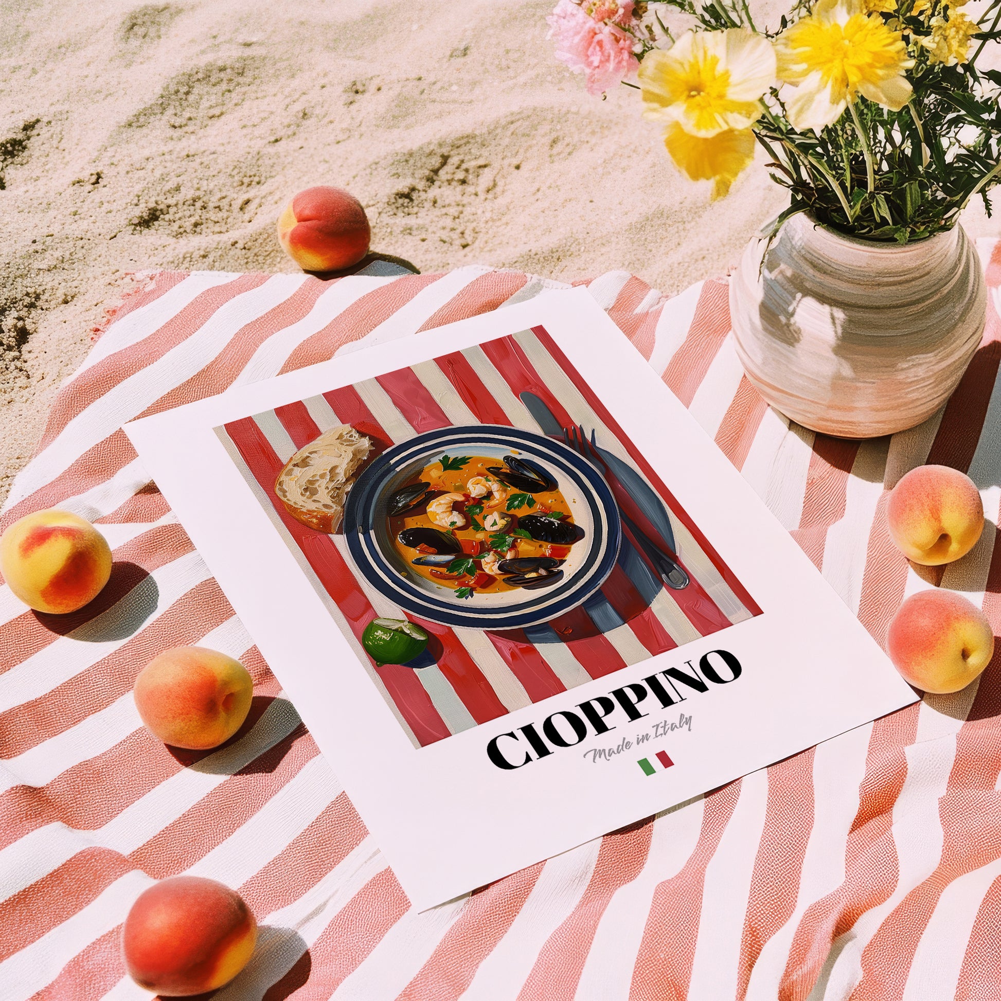 Cioppino – Italian Soup Dish, Fine Dining Restaurant Still Life, unframed on coastal sand