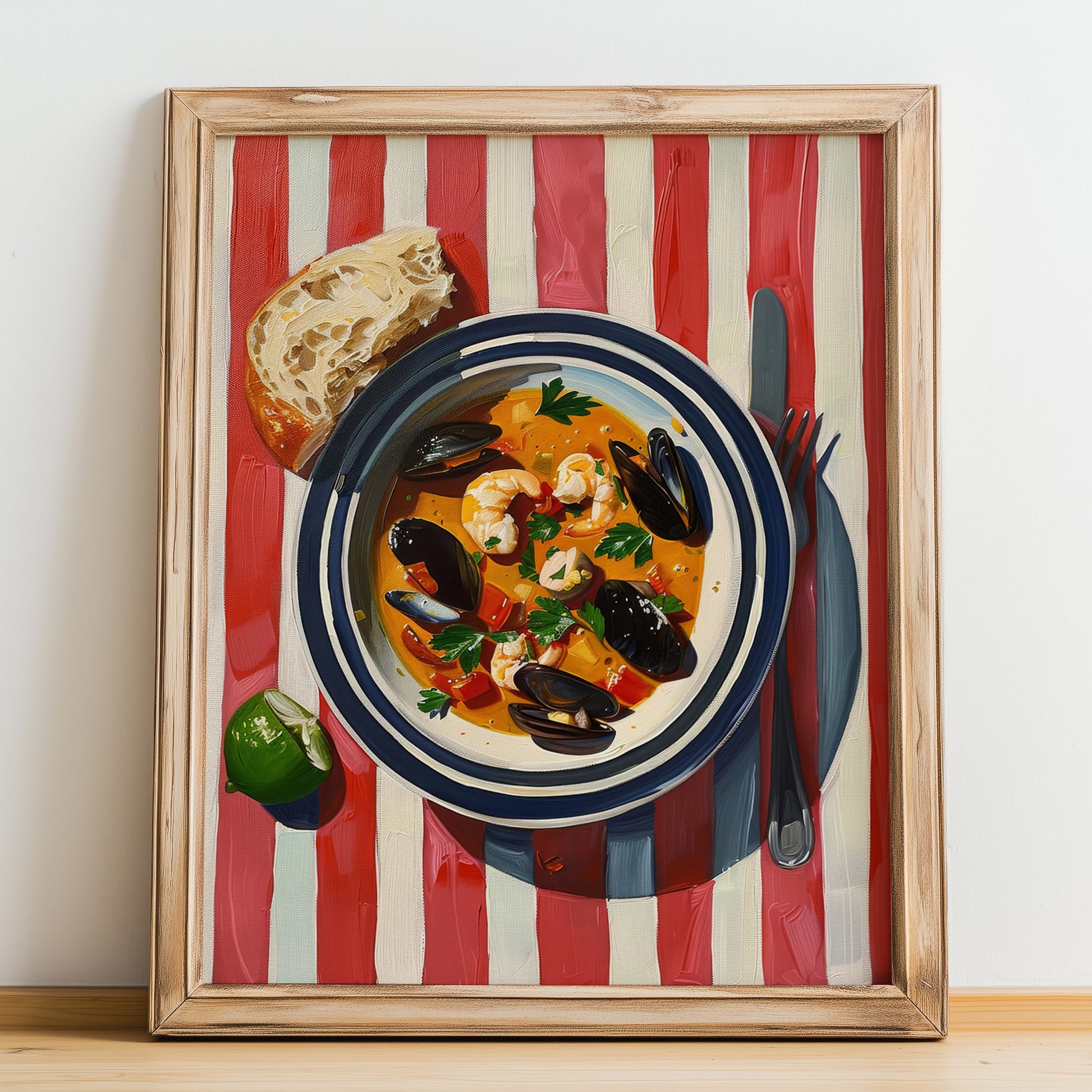 Cioppino – Italian Soup Dish, Fine Dining Restaurant Still Life, no-text version framed in wood