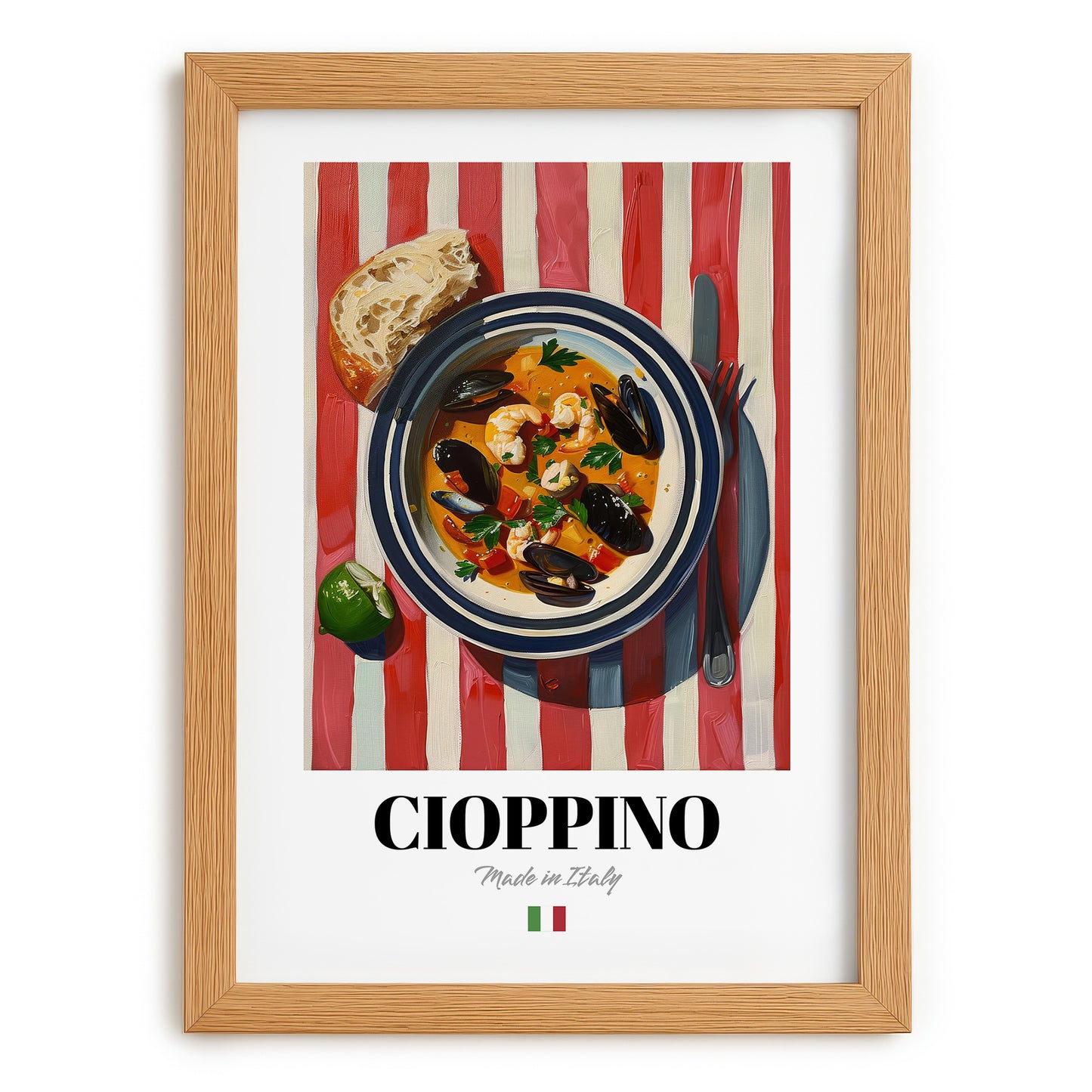 Cioppino – Italian Soup Dish, Fine Dining Restaurant Still Life, set in oak frame