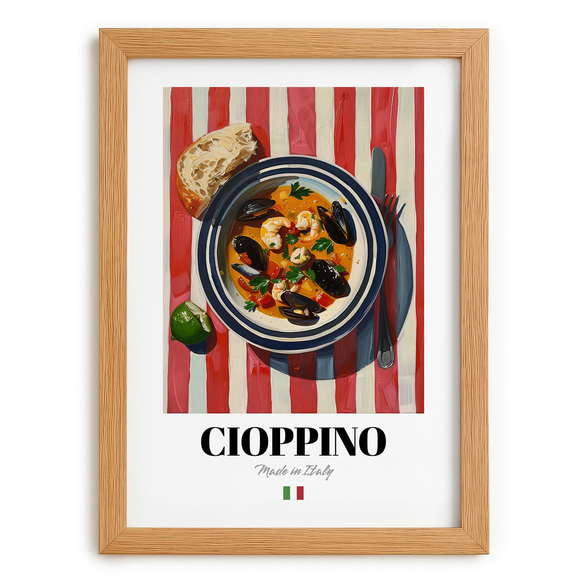 Cioppino – Italian Soup Dish, Fine Dining Restaurant Still Life, set in oak frame