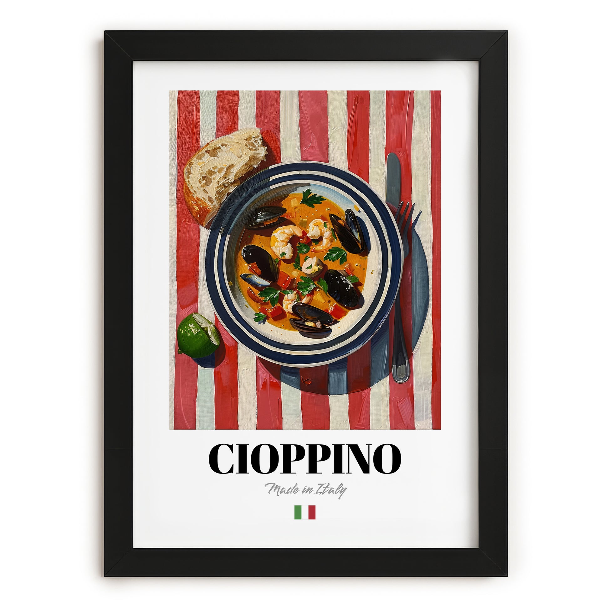 Cioppino – Italian Soup Dish, Fine Dining Restaurant Still Life, in sleek black frame
