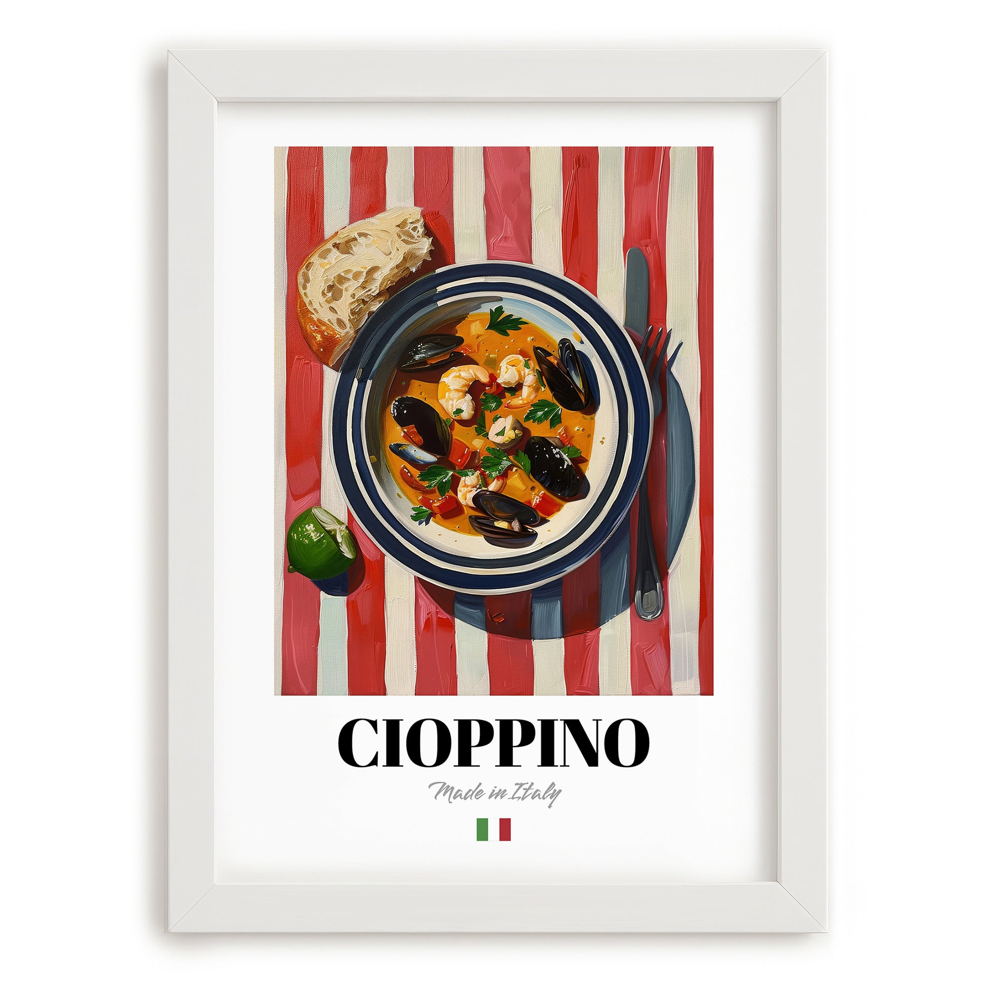 Cioppino – Italian Soup Dish, Fine Dining Restaurant Still Life, placed in minimal white frame